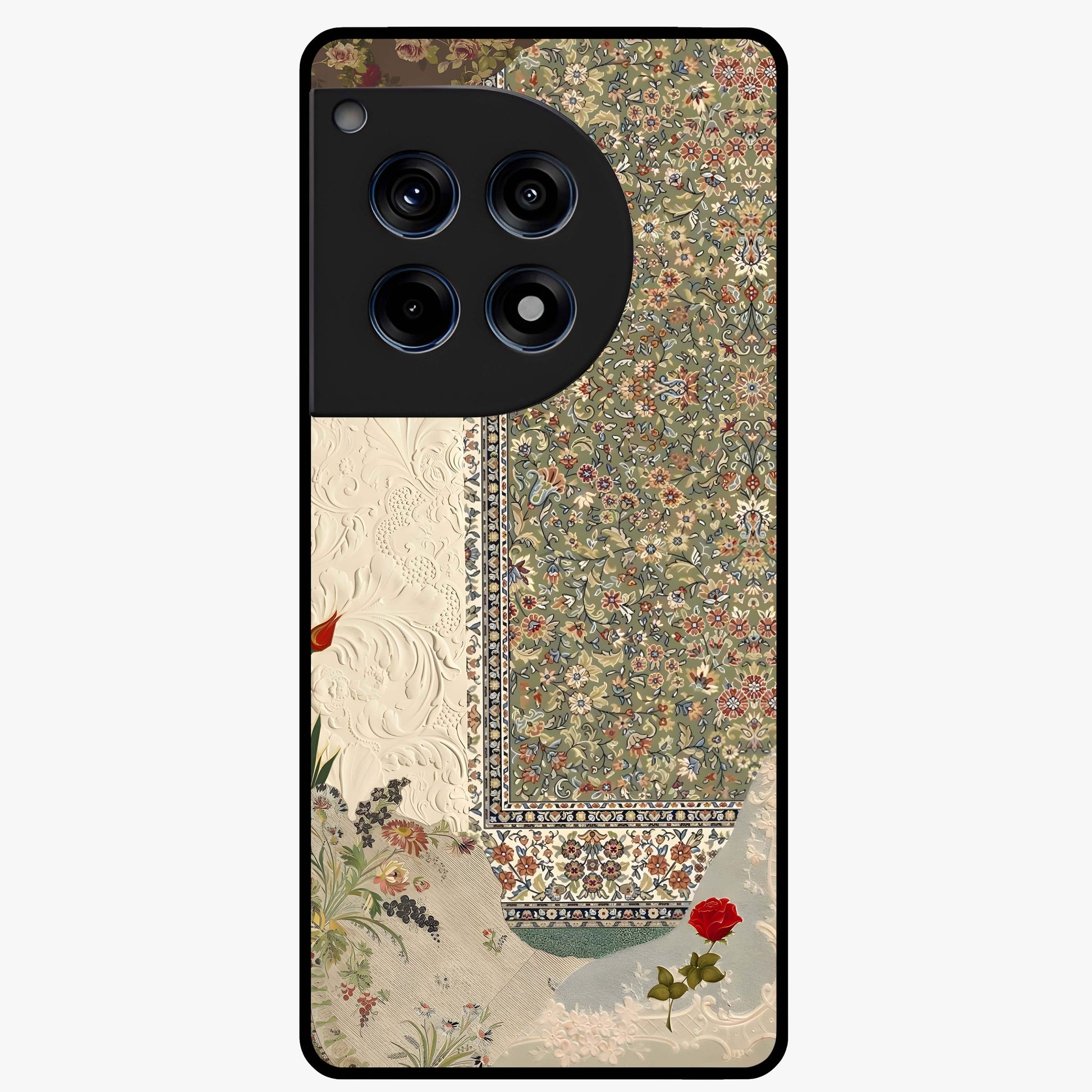 Heritage Textile Layers Glass Case for 1+12R showing full back design in clean flat view with layered textile-inspired artwork and glossy glass finish.
