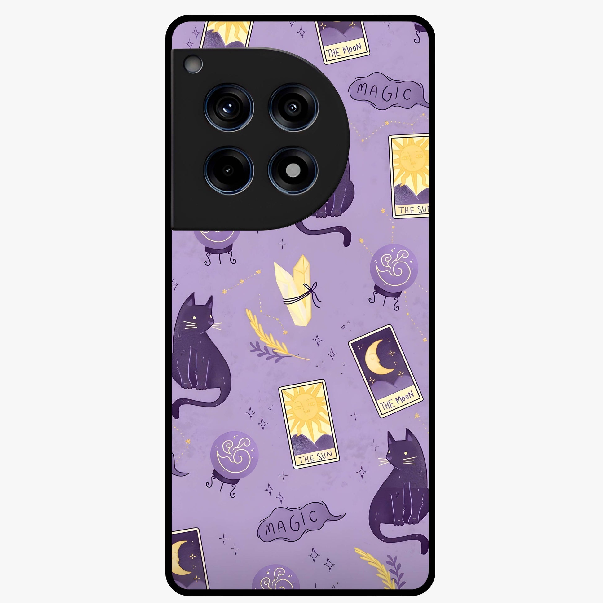 Humble Magic Cats Glass Case for 1+12R showing full back design in clean flat view with whimsical cat artwork and glossy glass finish.