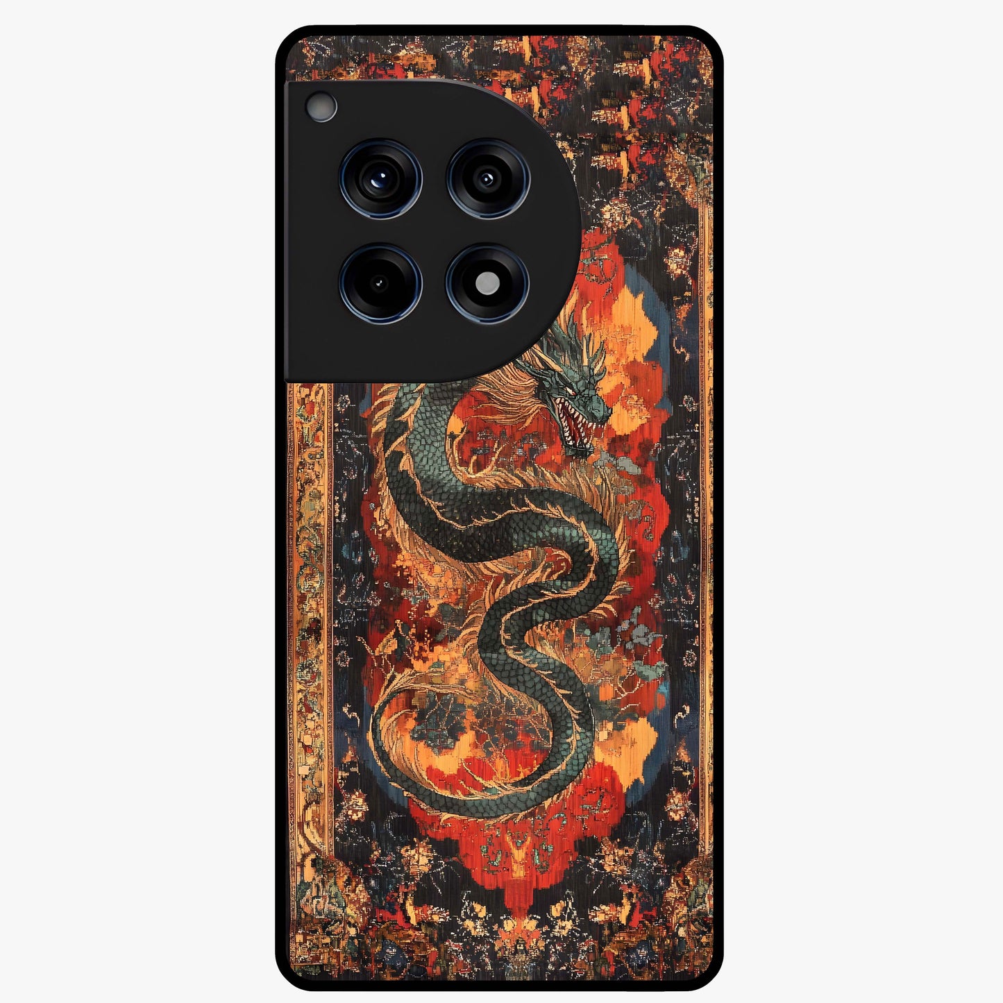 Inferno Dragon Soul Glass Case for 1+12R showing full back design in clean flat view with blazing dragon artwork and glossy glass finish.