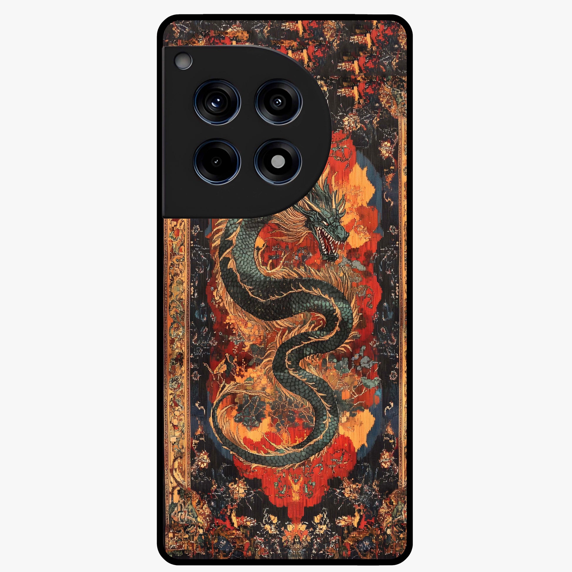 Inferno Dragon Soul Glass Case for 1+12R showing full back design in clean flat view with blazing dragon artwork and glossy glass finish.