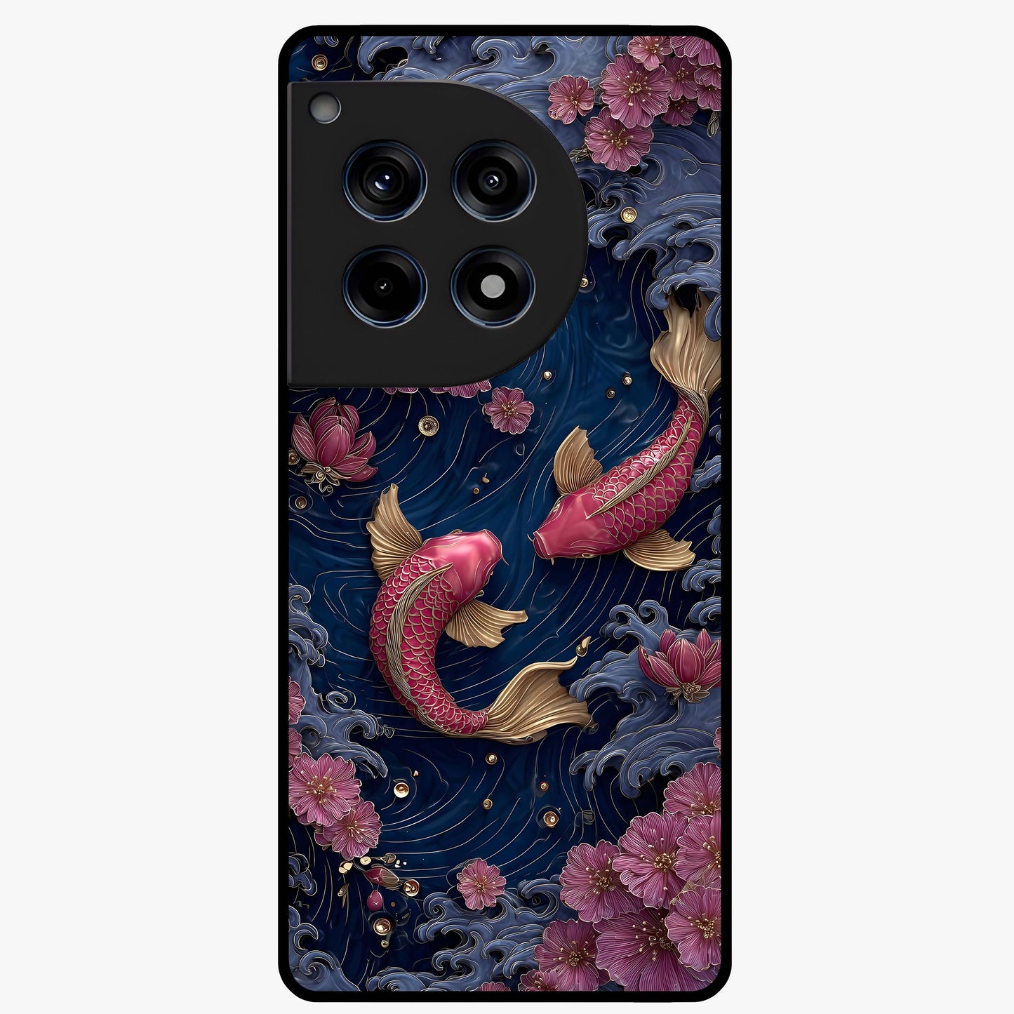 Koi Wave Dance Glass Case for 1+12R artistic front view featuring flowing koi fish artwork with wave patterns