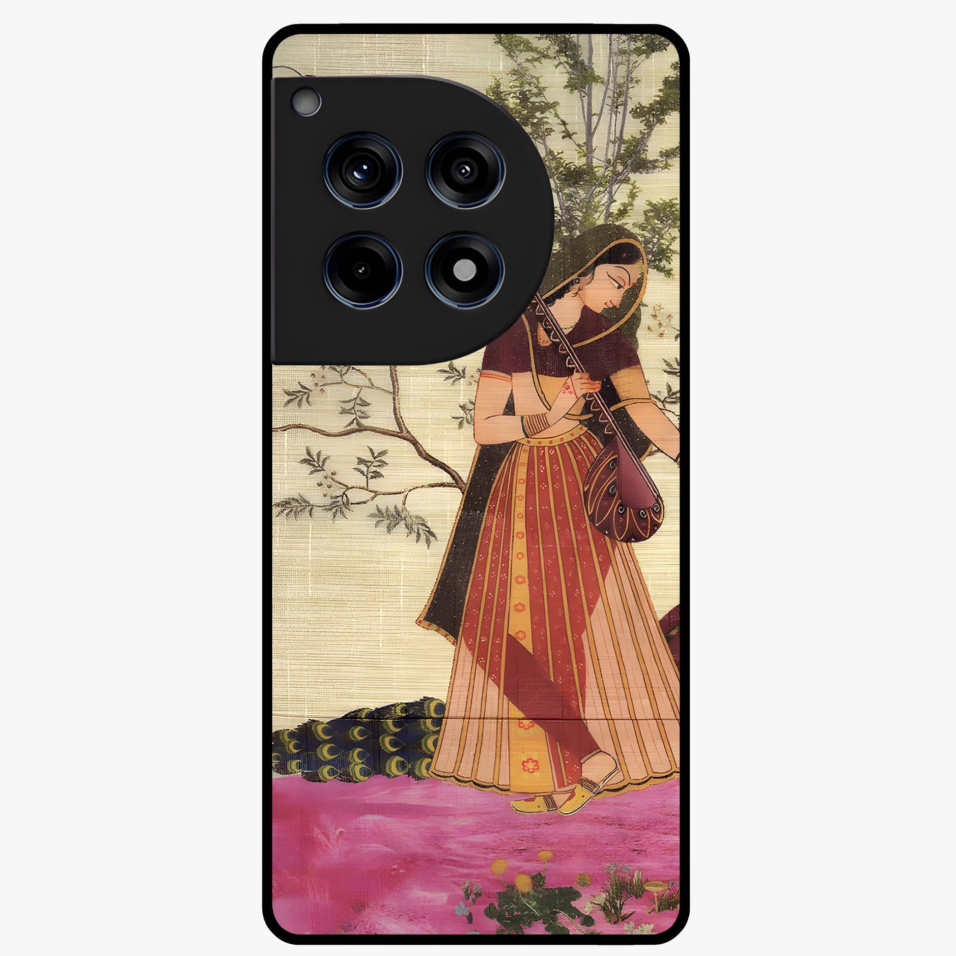 Lady With Veena Art Glass Case for 1+12R elegant front view featuring classical musical inspired artwork