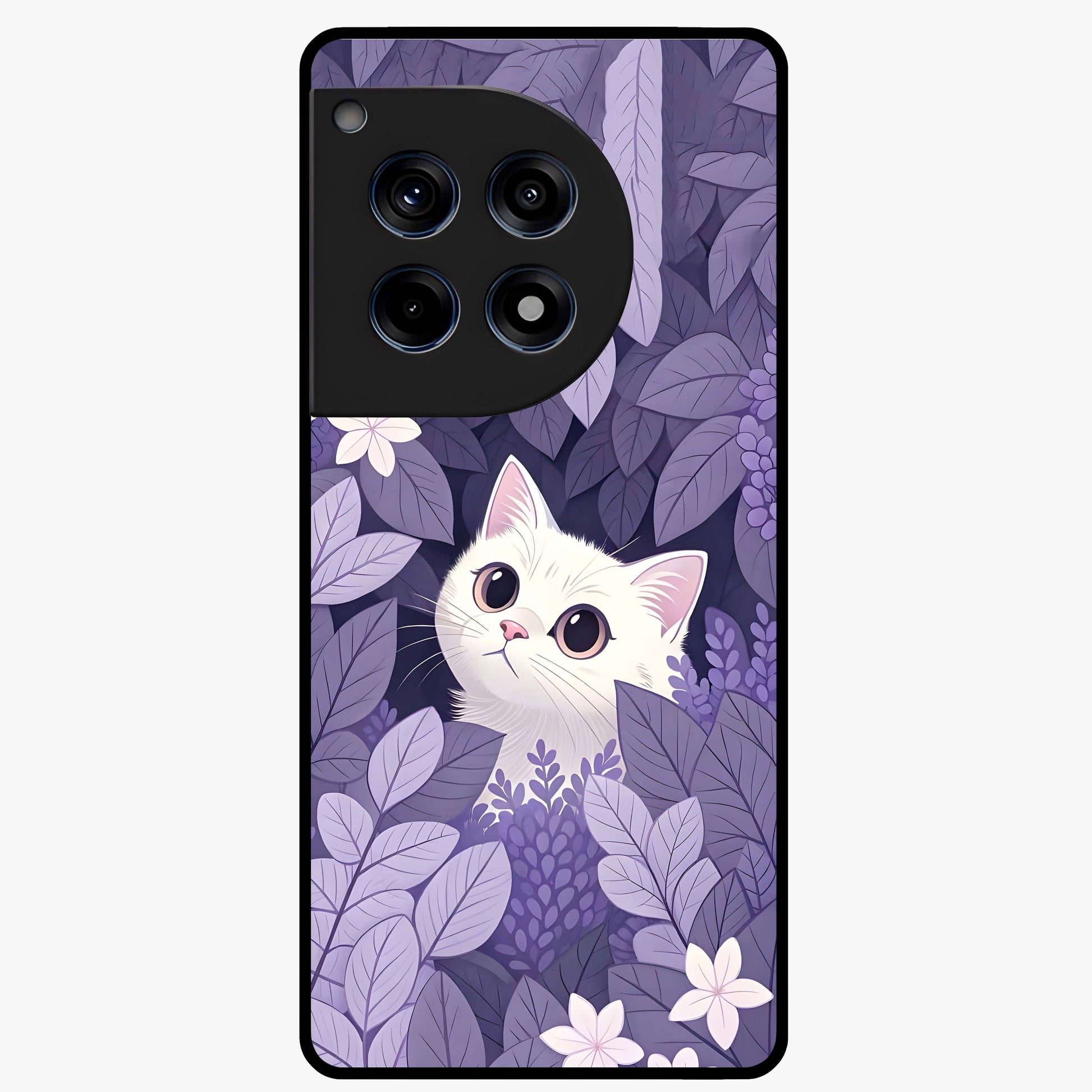 Lilac Hide Peek Cat Glass Case for 1+12R adorable front view featuring playful cat artwork in lilac tones