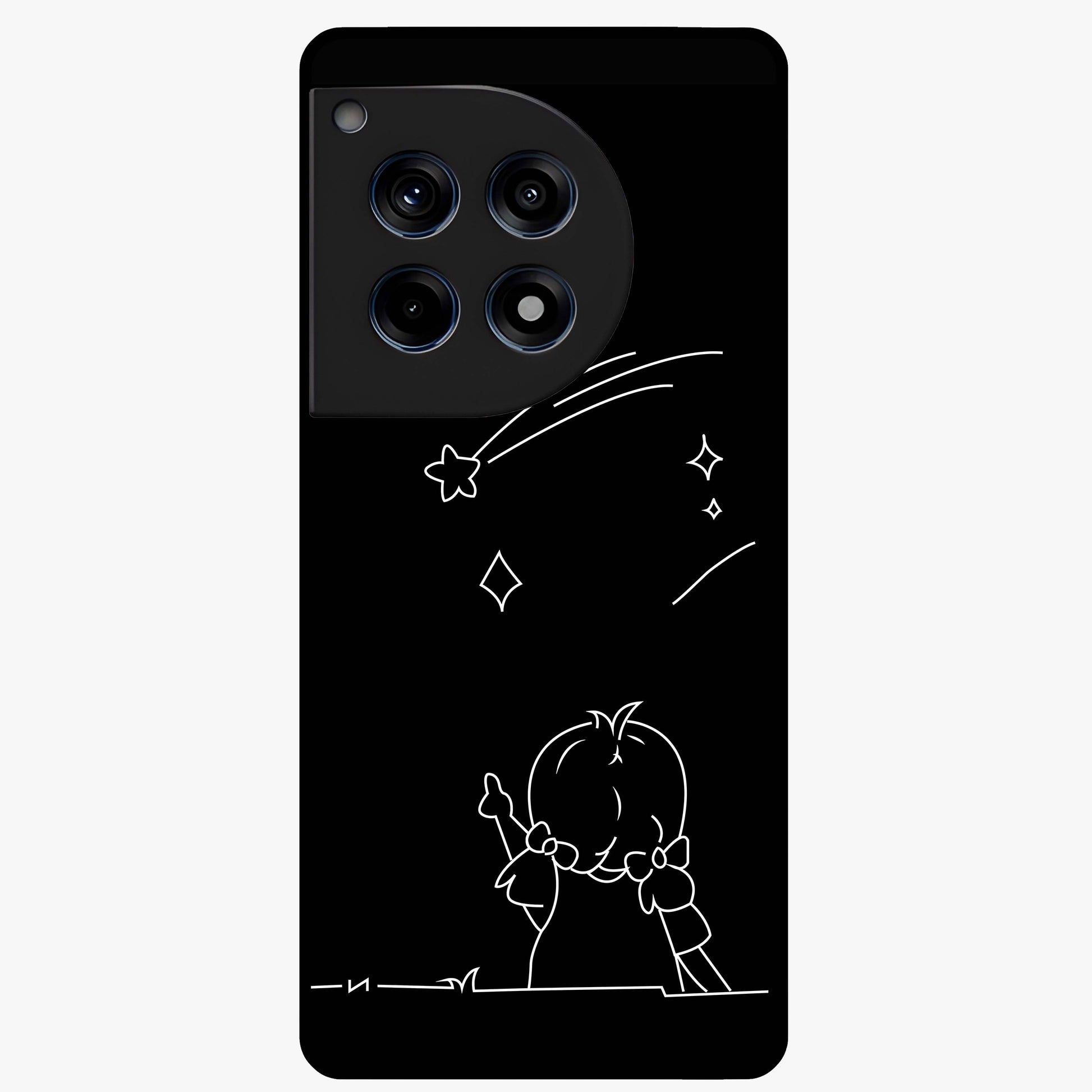 Line Art Girl With Shooting Stars Glass Case for 1+12R elegant front view featuring minimal line art character with shooting stars