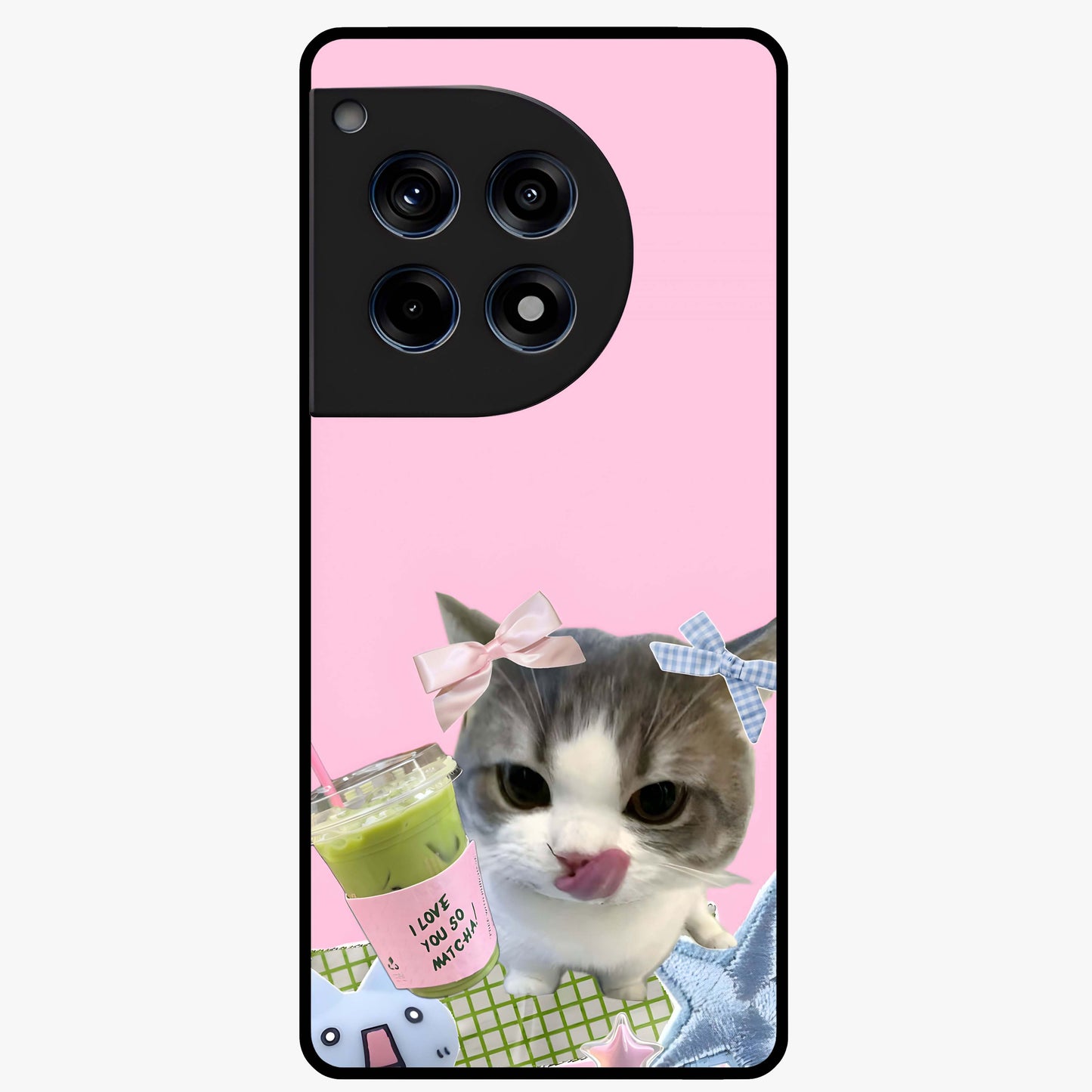 Love Matcha Cat Glass Case for 1+12R adorable front view featuring cute cat artwork with matcha theme