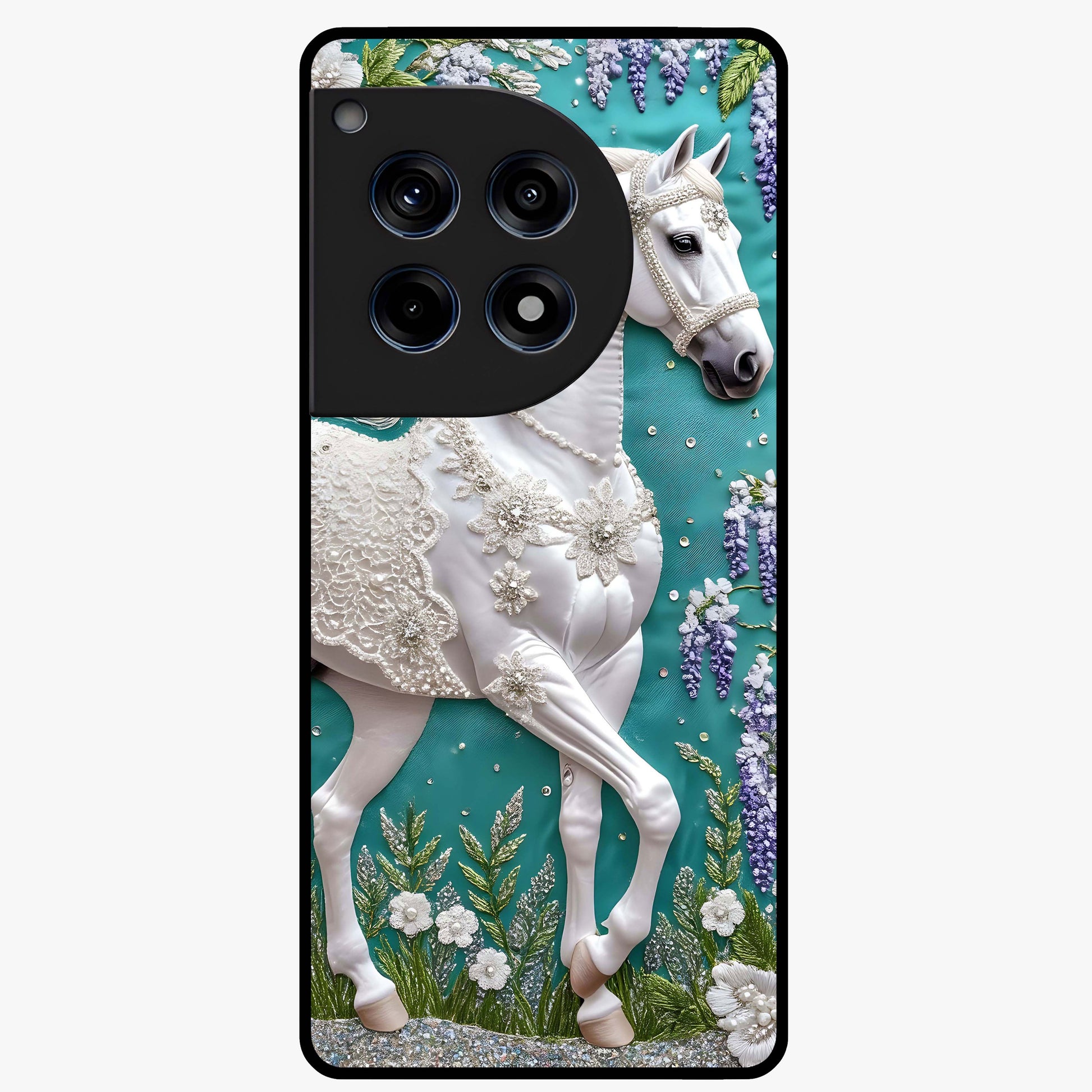 Majestic Floral Stallion Glass Case for 1+12R powerful front view featuring horse artwork blended with floral detailing