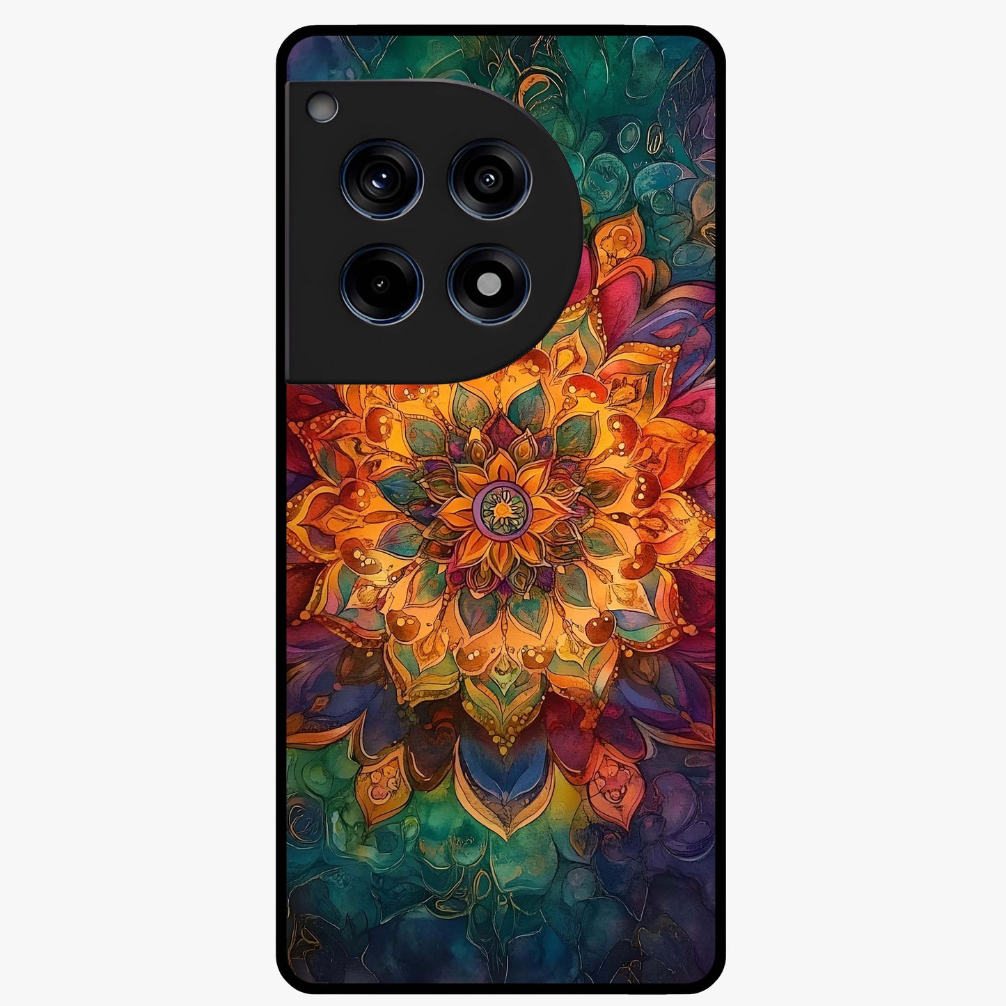 Mandala Vibrants Glass Case for 1+12R artistic front view featuring colorful mandala pattern artwork