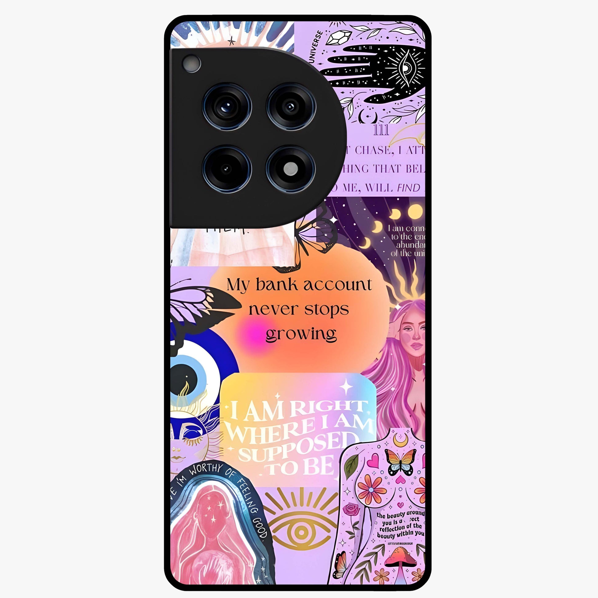 Manifestation Collage Glass Case for 1+12R creative front view featuring aesthetic vision board collage artwork