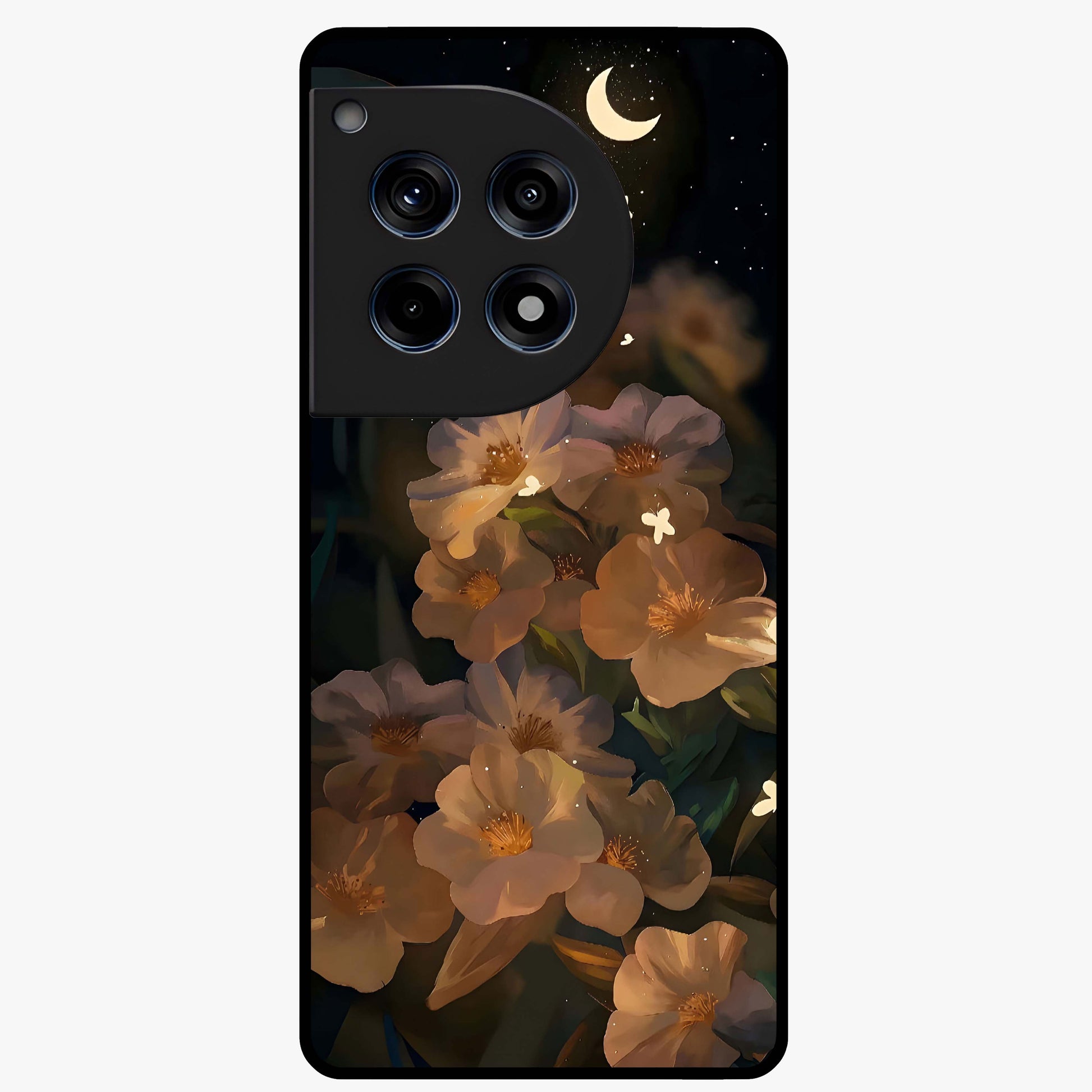 Midnight Bloom Trail Glass Case for 1+12R artistic front view featuring flowing floral trail artwork in dark tones