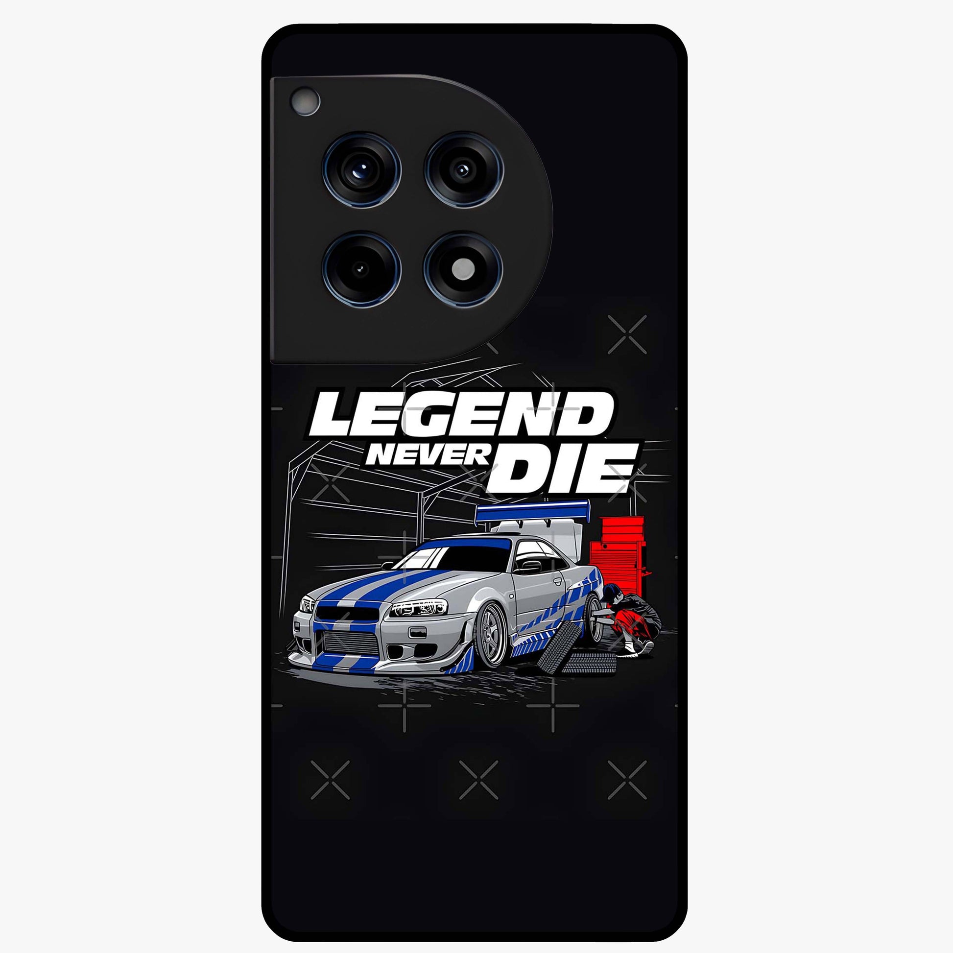 Midnight Racing Legacy Glass Case for 1+12R bold front view featuring racing inspired artwork in dark tones