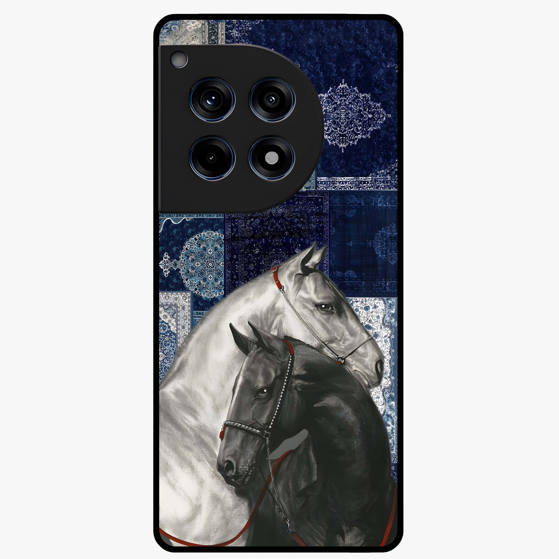 Midnight Stallion Blues Glass Case for 1+12R powerful front view featuring horse artwork in deep blue night tones