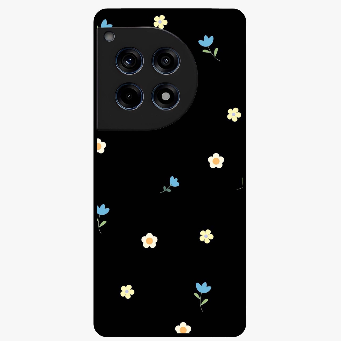 Minimalistic Blue With White Flower Pattern Glass Case for 1+12R fresh front view featuring white floral artwork on blue background