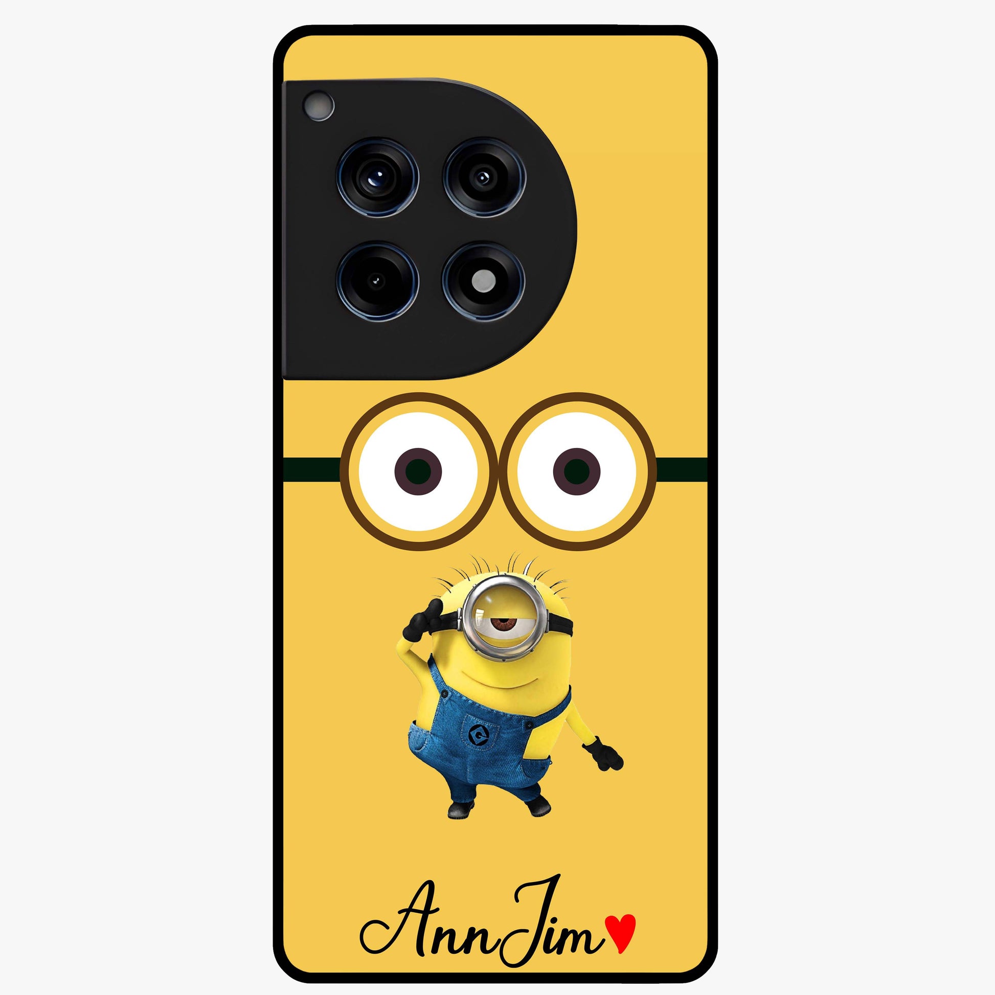 Minion Custom Name Glass Case for 1+12R playful front view featuring cartoon inspired artwork with personalized name design