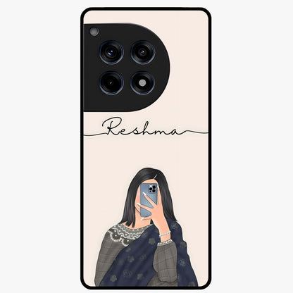 Mirror Mood Muse With Custom Name Glass Case for 1+12R stylish front view featuring aesthetic artwork with personalized name detail