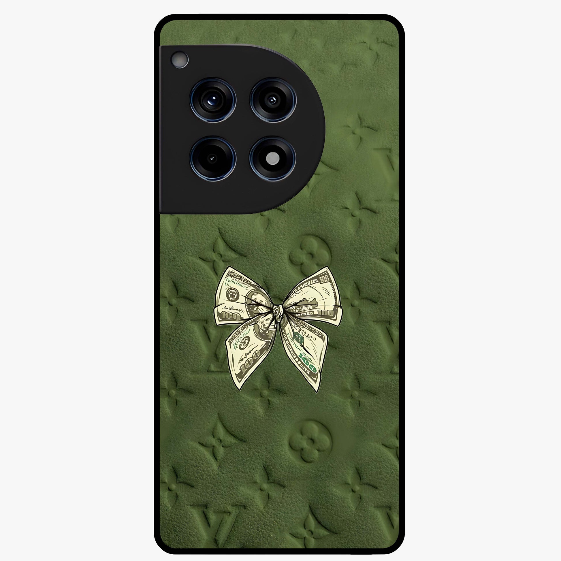 Money Bow Lv Glass Case for 1+12R luxury inspired front view featuring bold fashion themed artwork