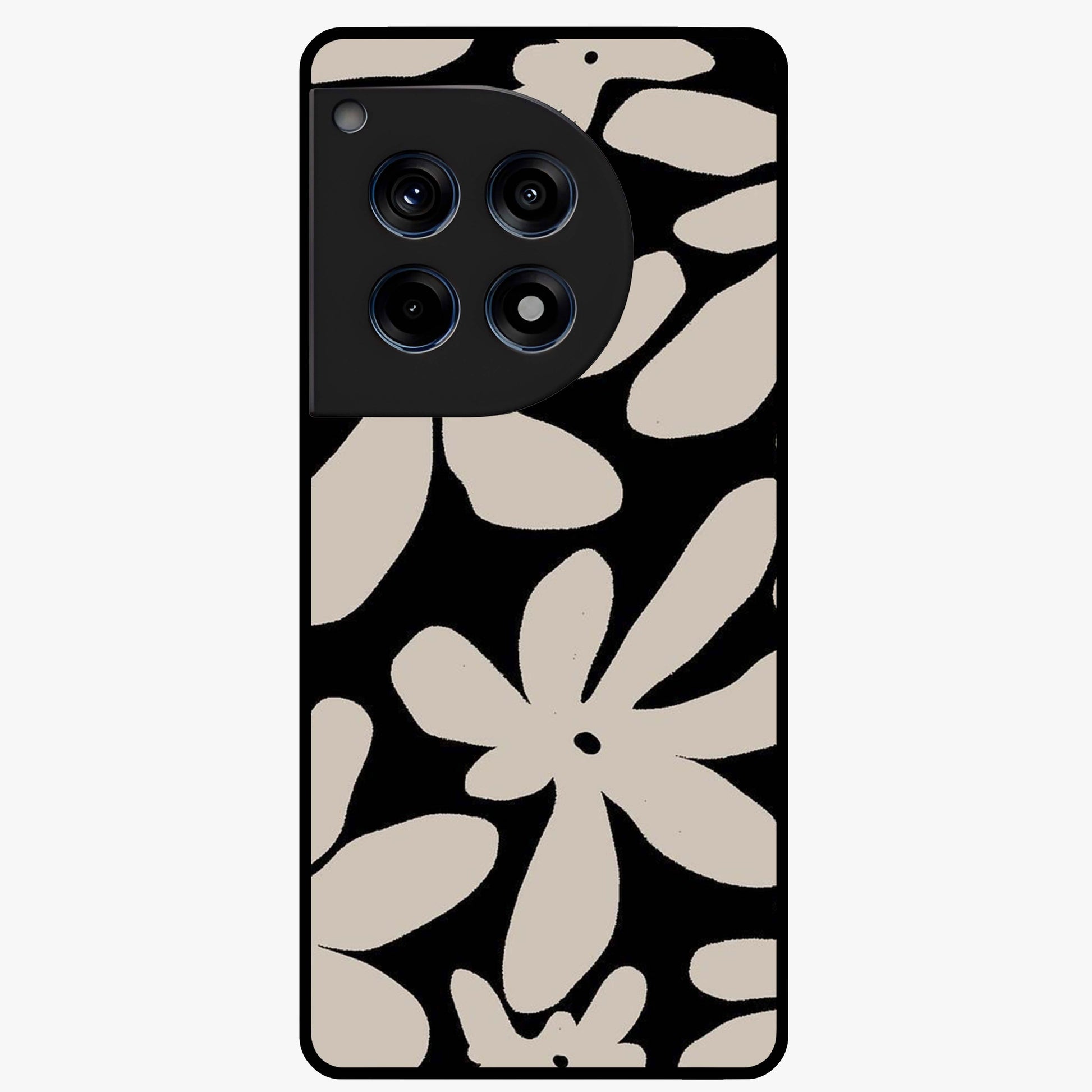 Monochrome Petal Dance Glass Case for 1+12R artistic front view featuring black and white floral artwork