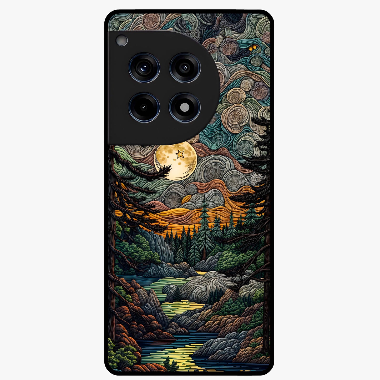 Moonlight Forest Dream Glass Case for 1+12R dreamy front view featuring forest artwork under glowing moonlight