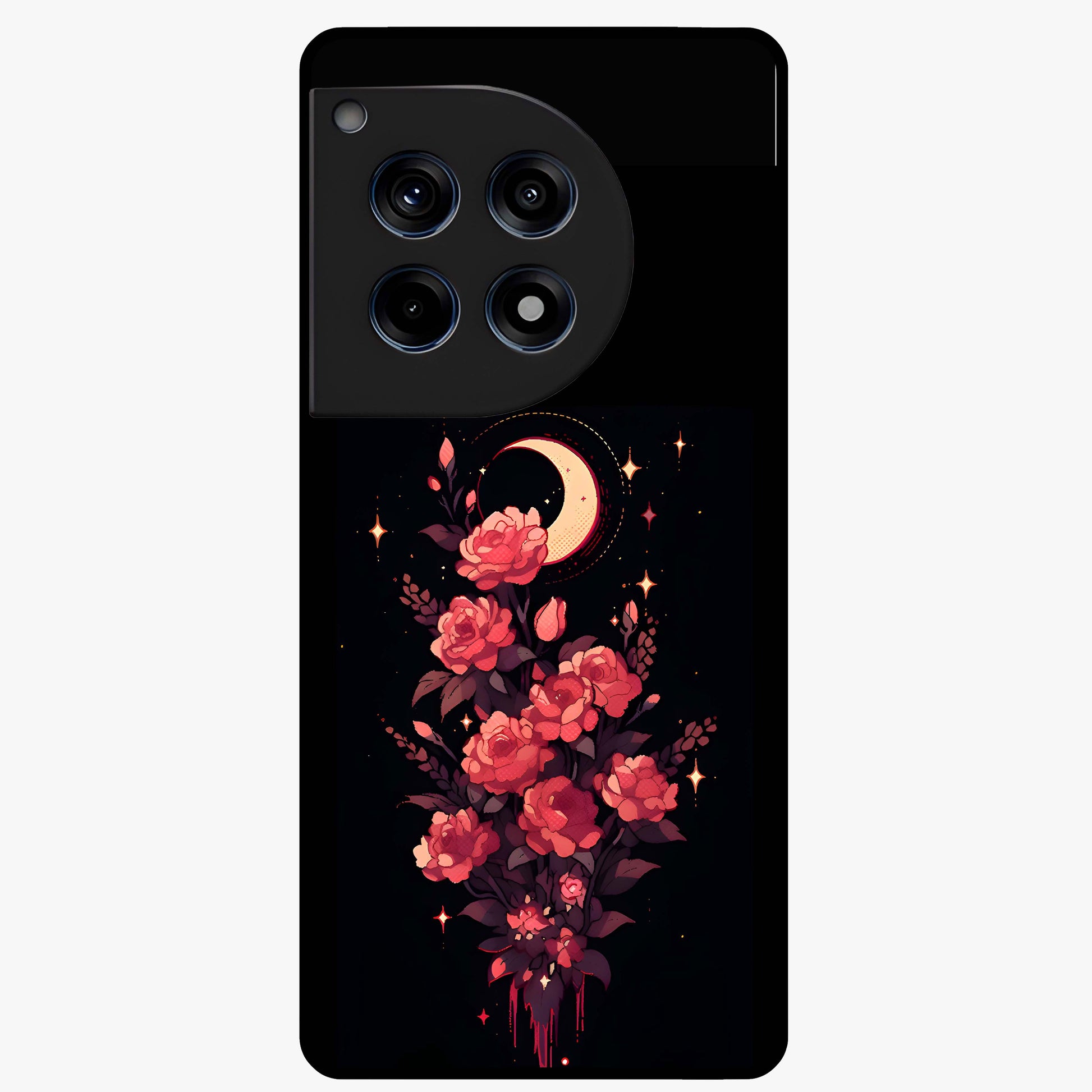 Moonlit Floral Elegance Glass Case for 1+12R graceful front view featuring sophisticated floral artwork on dark backdrop