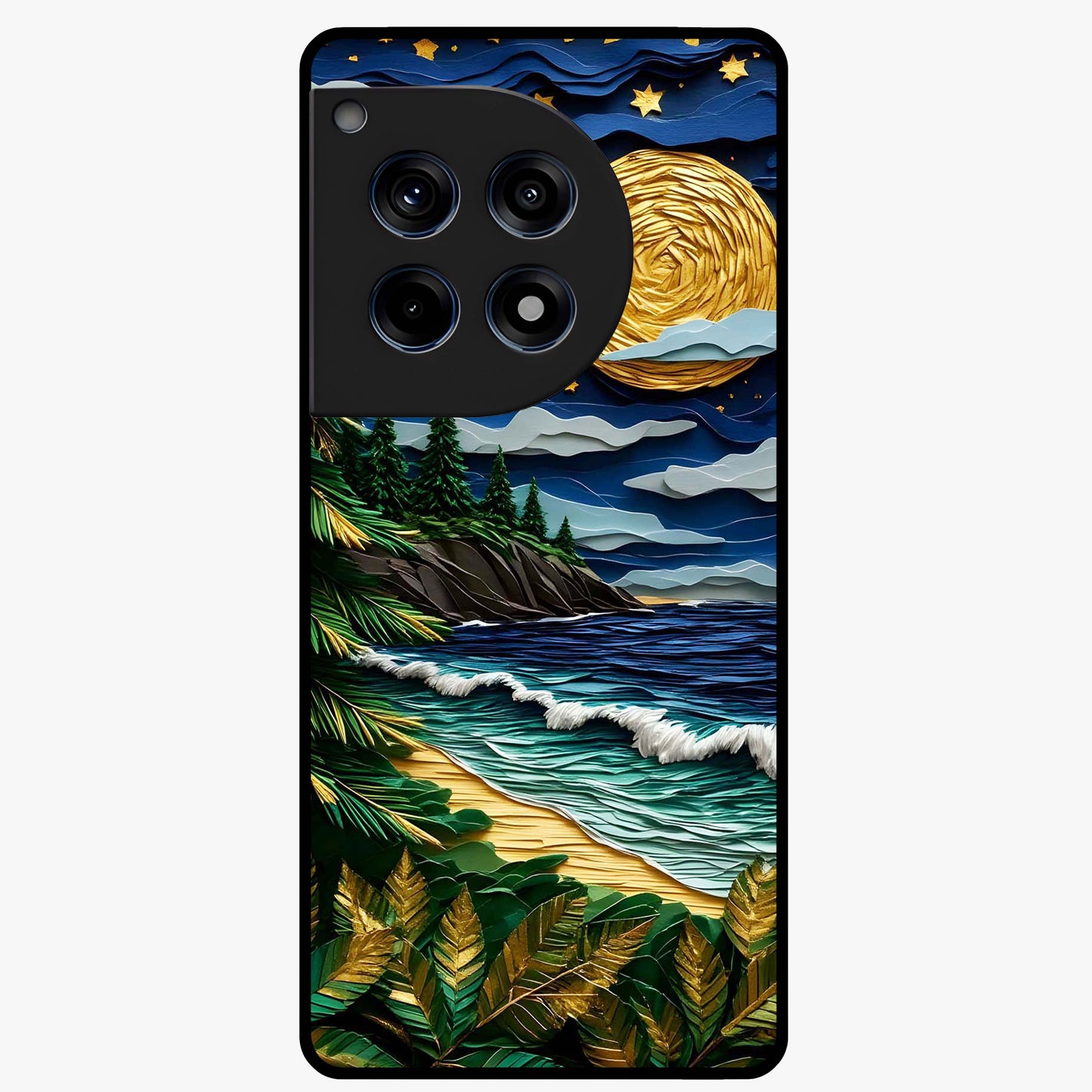Moonlit Ocean Pines Glass Case for 1+12R scenic front view featuring pine trees by ocean under moonlit sky
