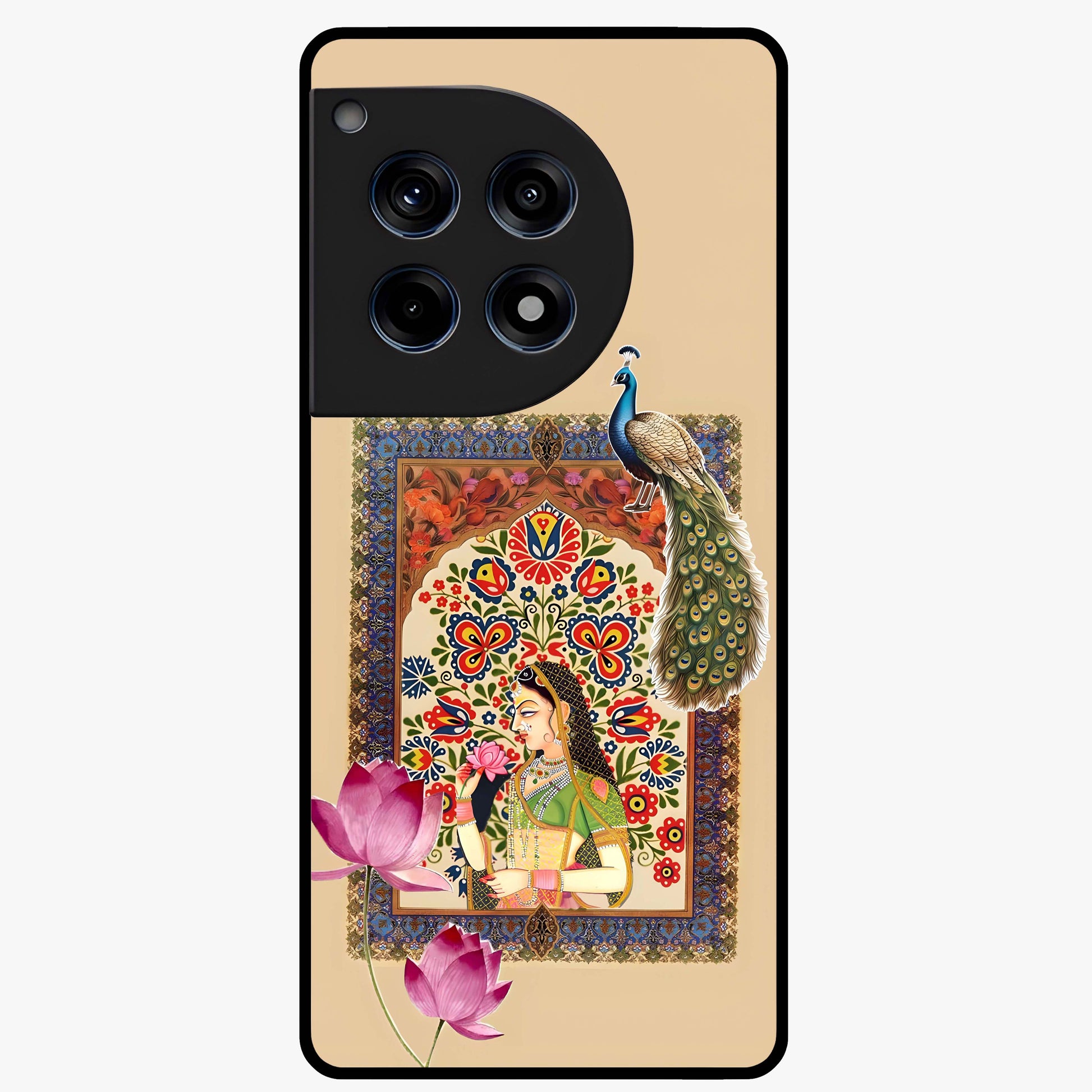 Mughal Princess and Peacock Glass Case for 1+12R royal front view featuring intricate princess and peacock artwork