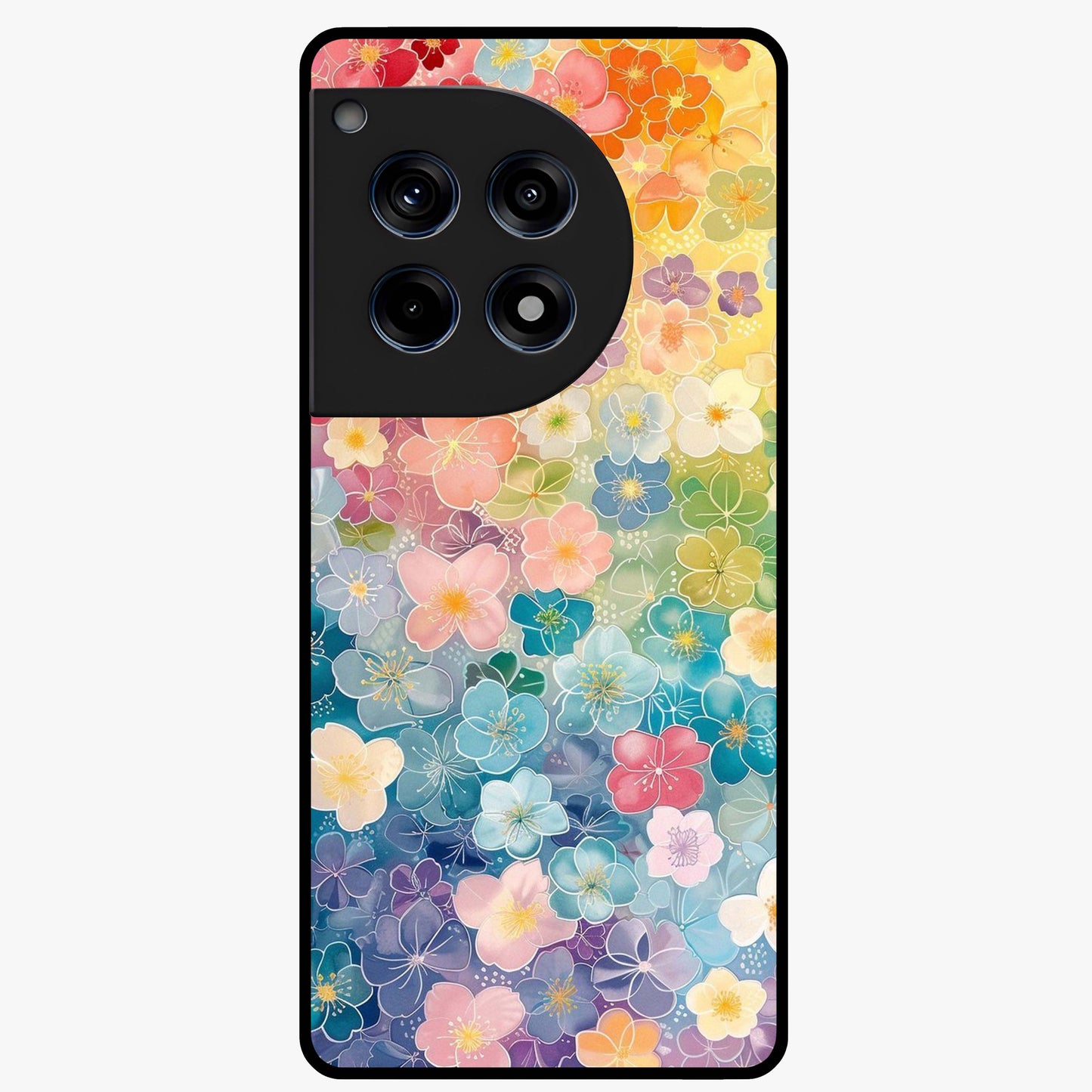 Multiple Background With Flower Glass Case for 1+12R vibrant front view featuring layered floral artwork on mixed backgrounds