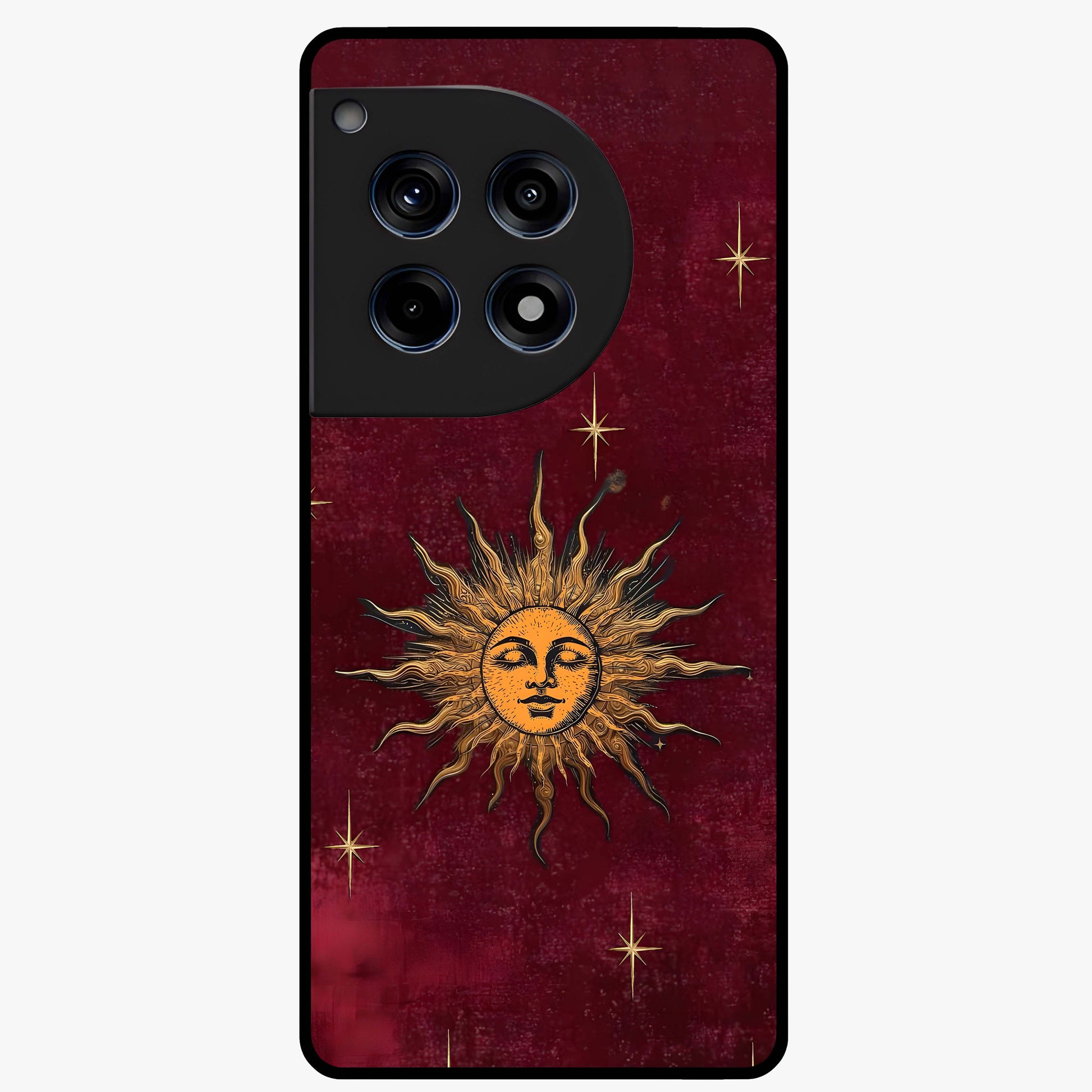 Mystic Solar Glow Glass Case for 1+12R radiant front view featuring glowing sun inspired mystical artwork