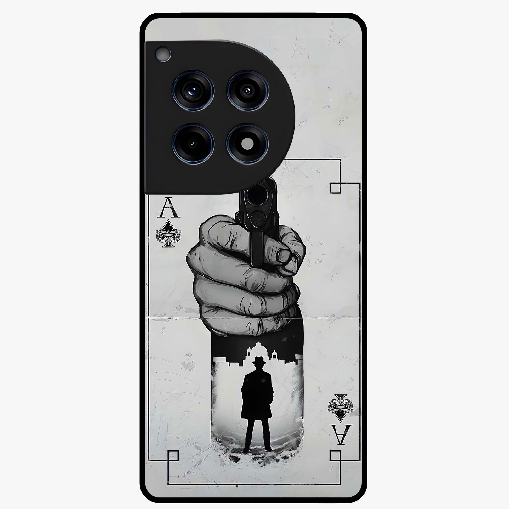 Noir Trigger Fate Glass Case for 1+12R dramatic front view featuring bold noir themed artistic artwork