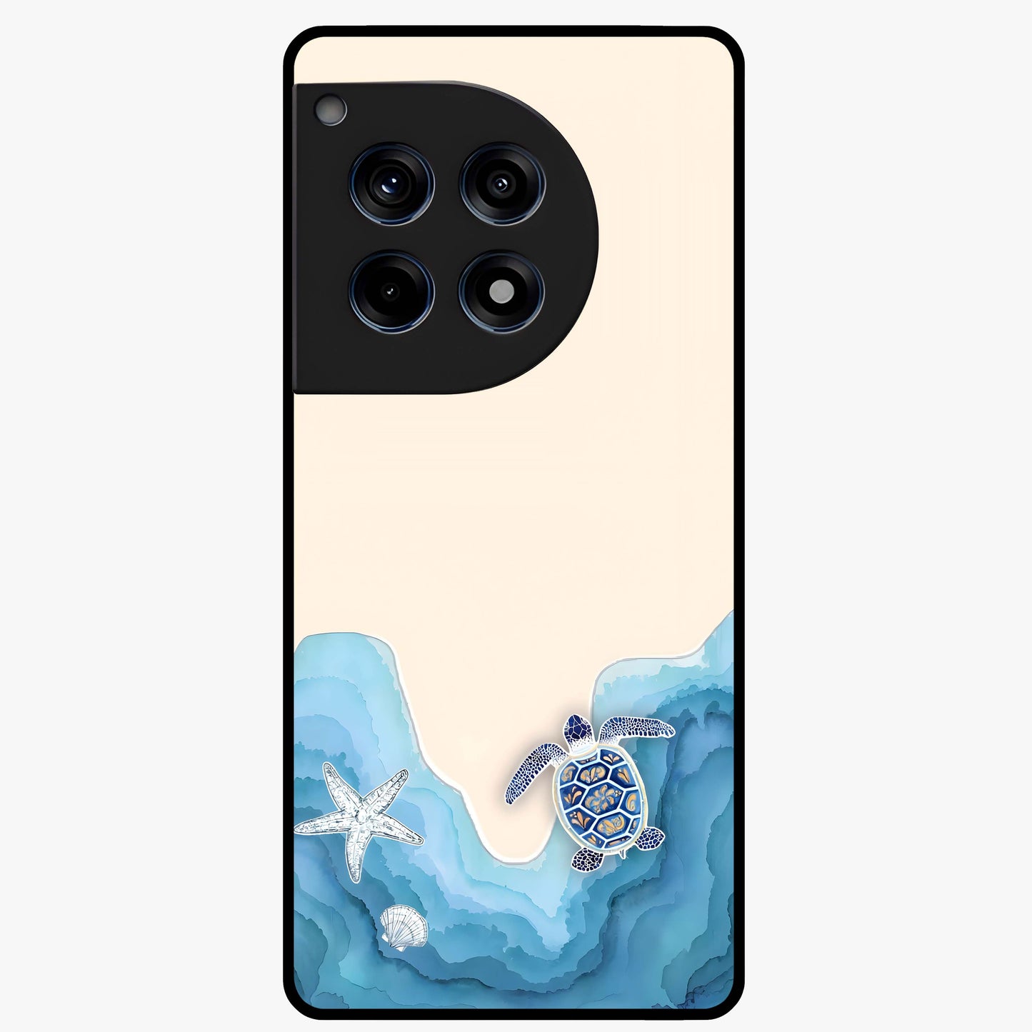 Ocean Drift Turtle Glass Case for 1+12R serene front view featuring sea turtle artwork in calming ocean tones
