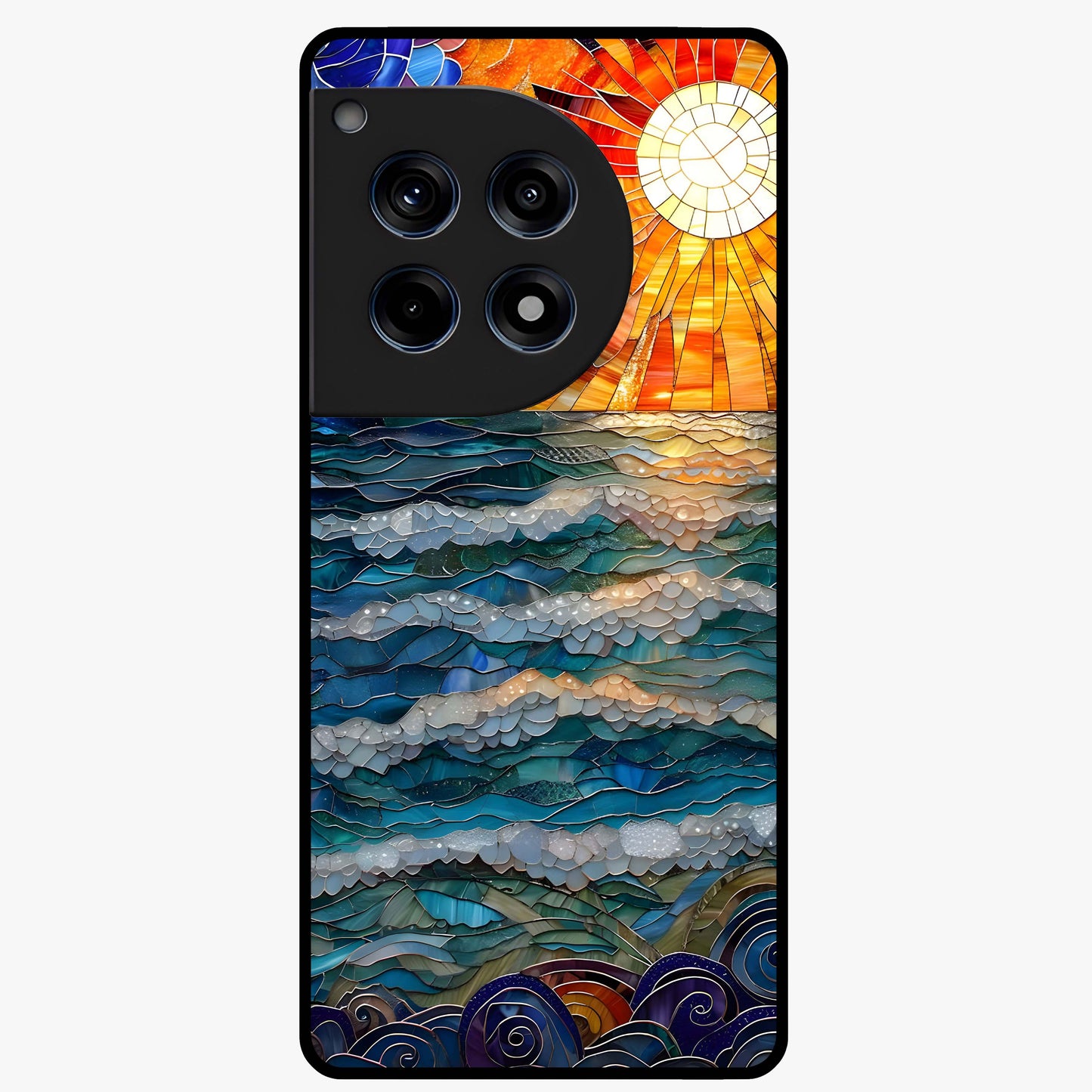 Oceanic Stained Printed Glass Case for 1+12R elegant front view featuring stained glass inspired ocean artwork