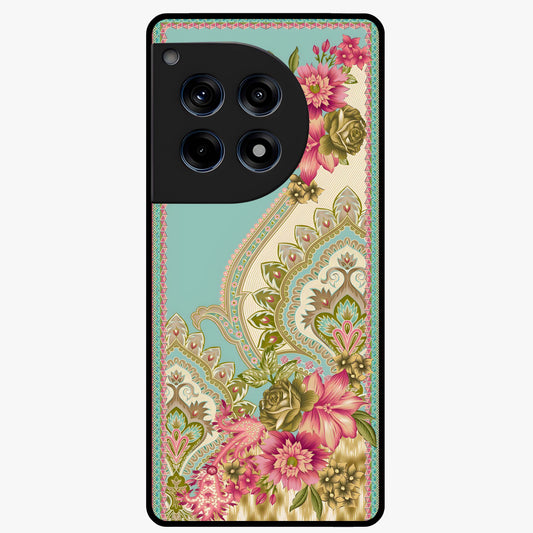 Ornate Mughal Floral Pattern Glass Case for 1+12R royal front view featuring intricate Mughal inspired floral artwork