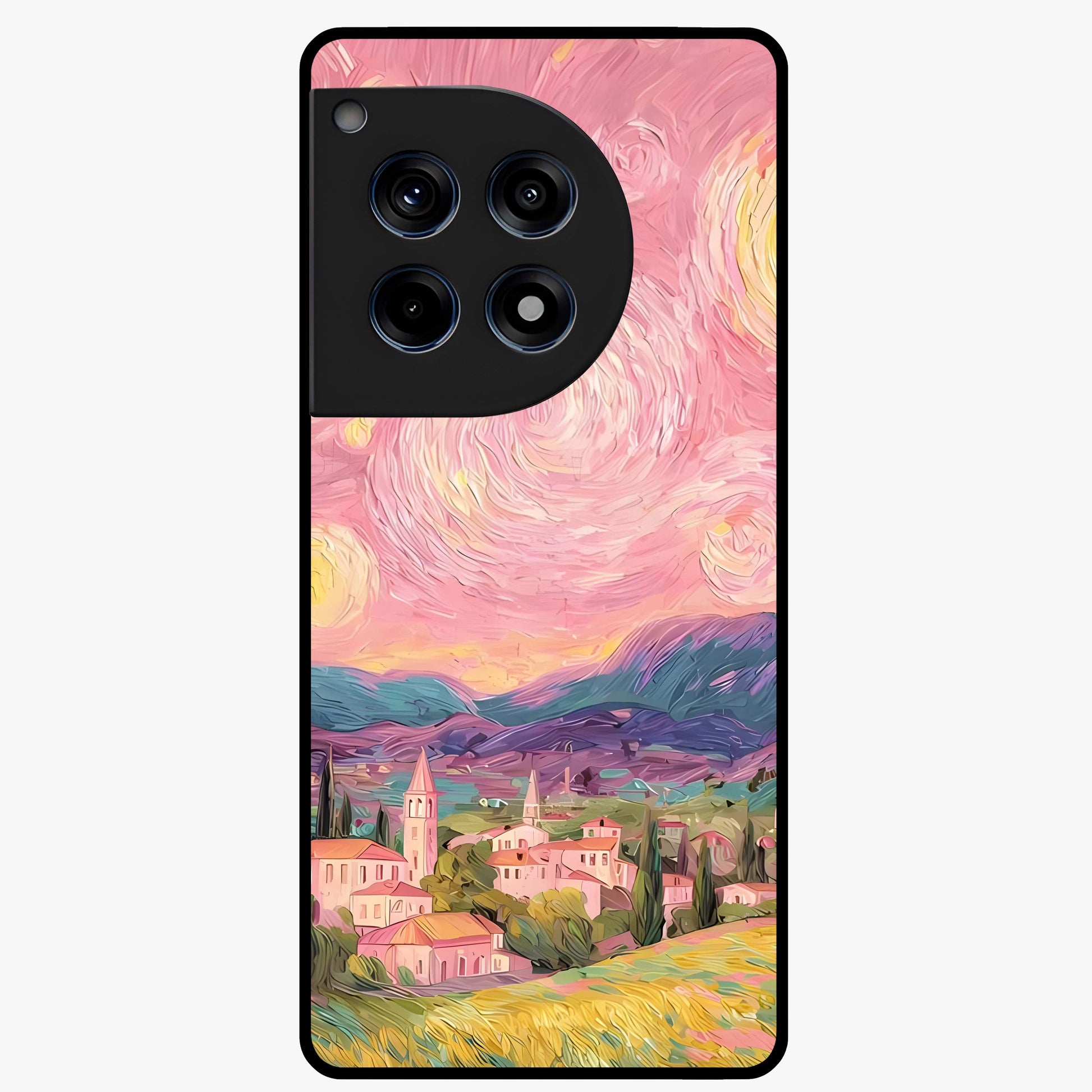 Pastel Starry Village Glass Case for 1+12R dreamy front view featuring village artwork under pastel night sky