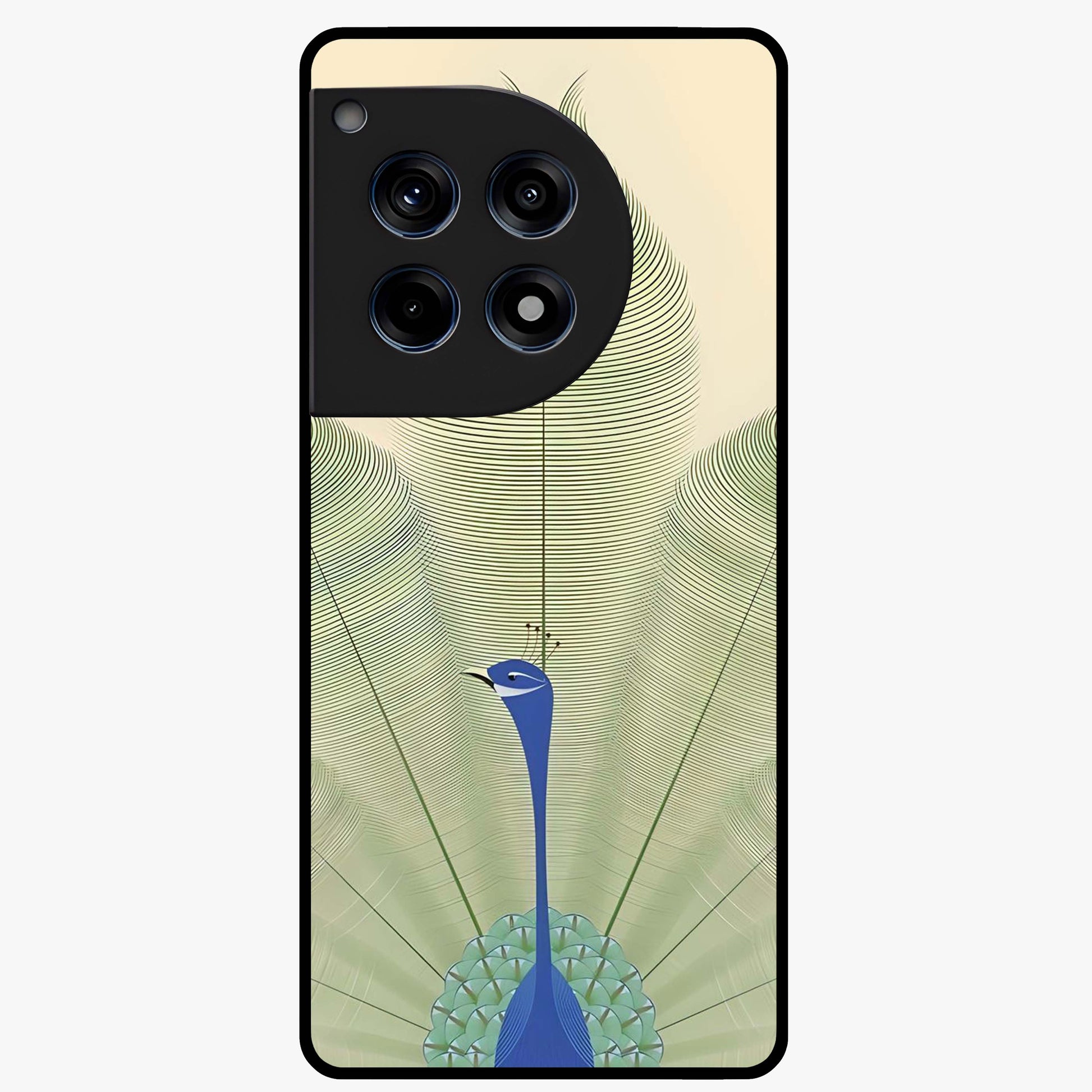 Peacock Feather Grace Glass Case for 1+12R elegant front view featuring detailed peacock feather artwork