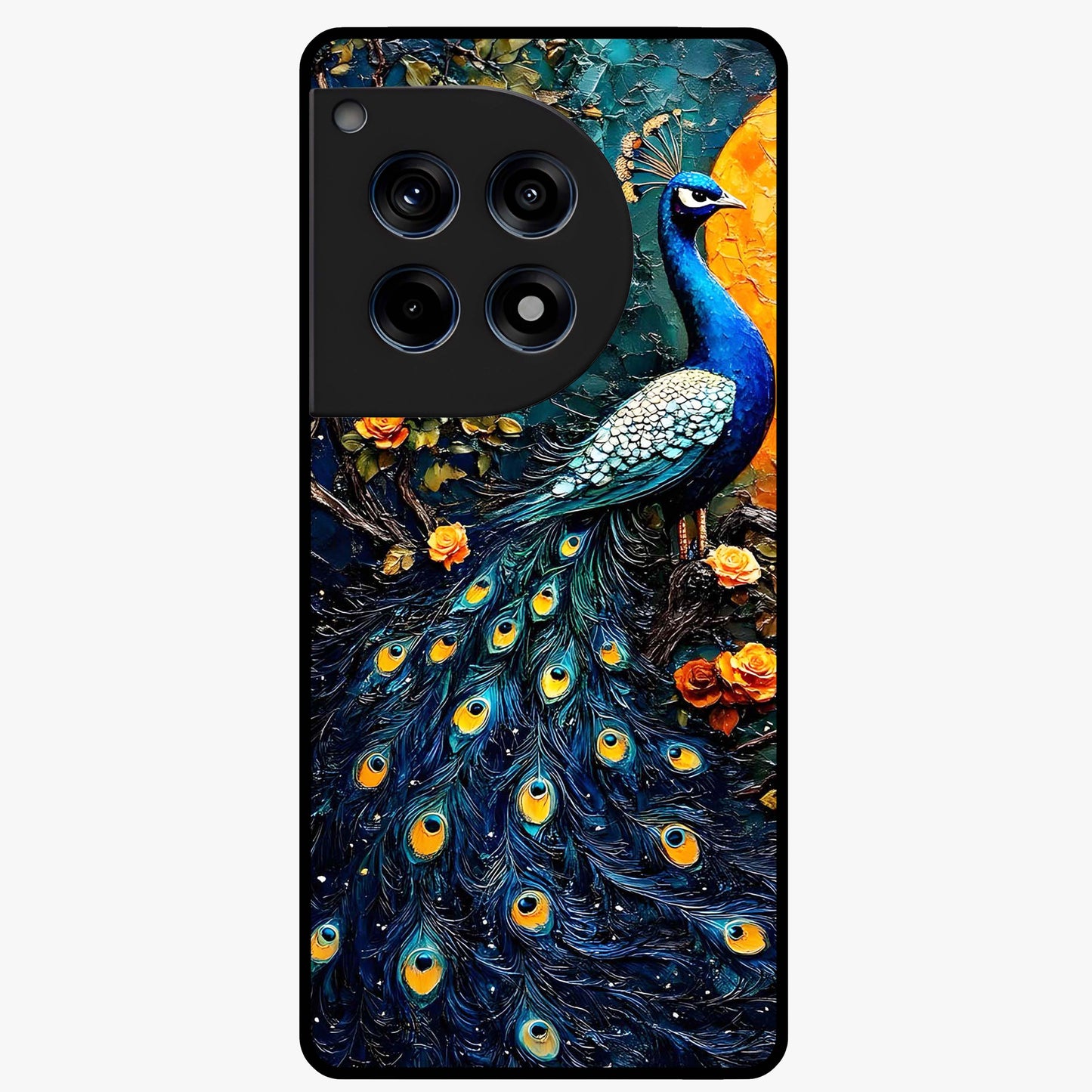 Peacock With Yellow Moon Glass Case for 1+12R striking front view featuring peacock artwork under glowing yellow moon