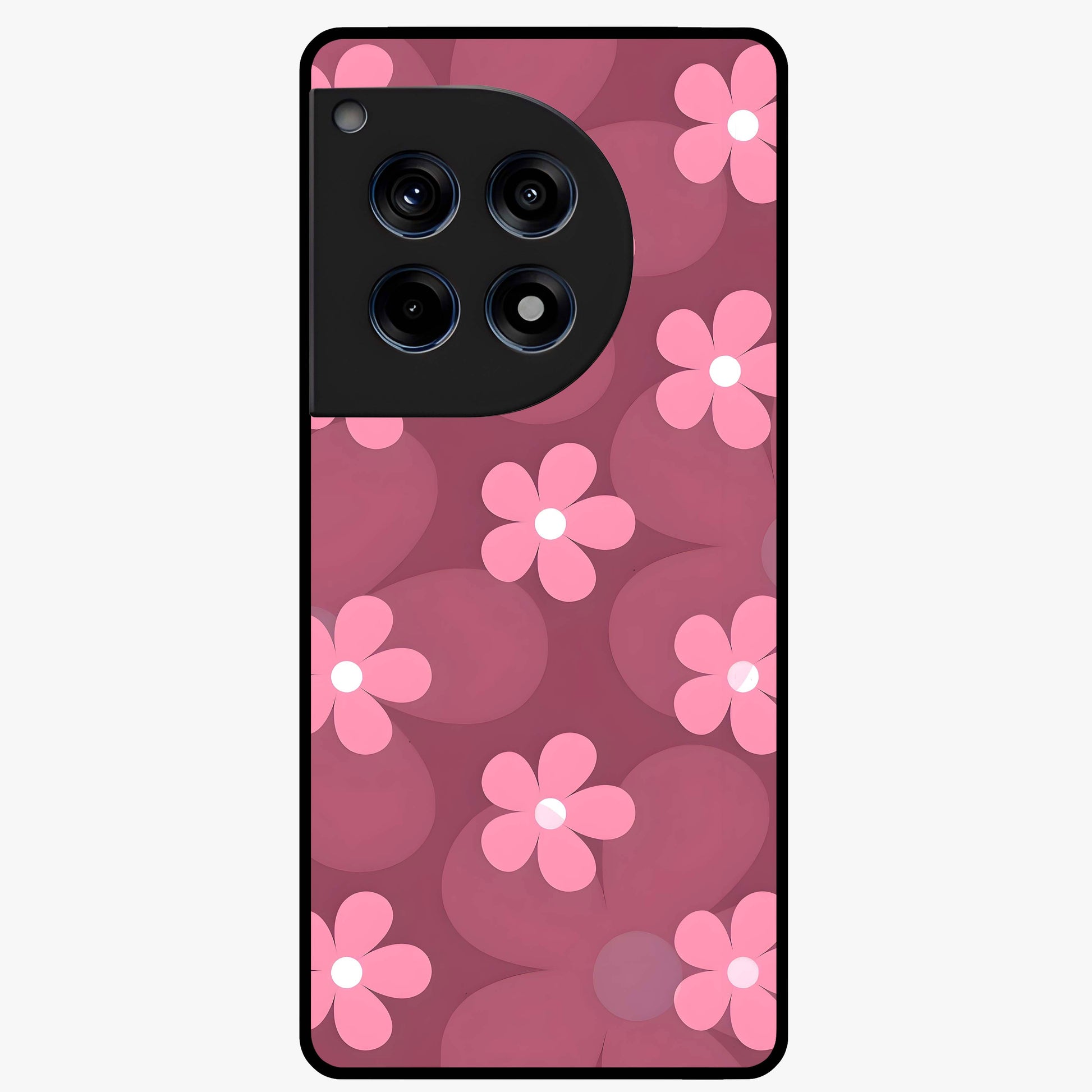 Pink Daisy Flower Pattern Glass Case for 1+12R cheerful front view featuring daisy floral artwork in pink tones