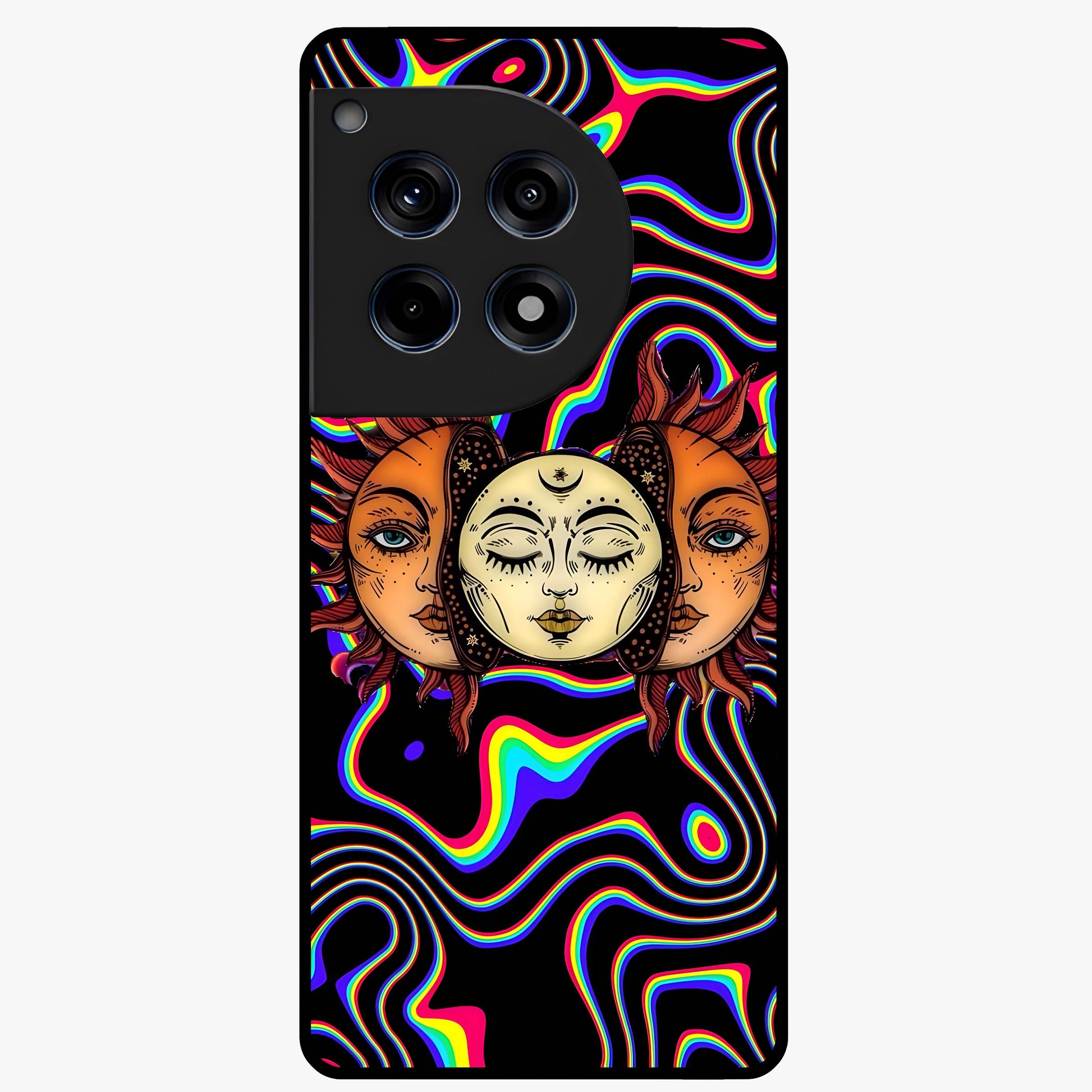 Psychedelic Sun Glass Case for 1+12R artistic front view featuring vibrant sun artwork in psychedelic colors