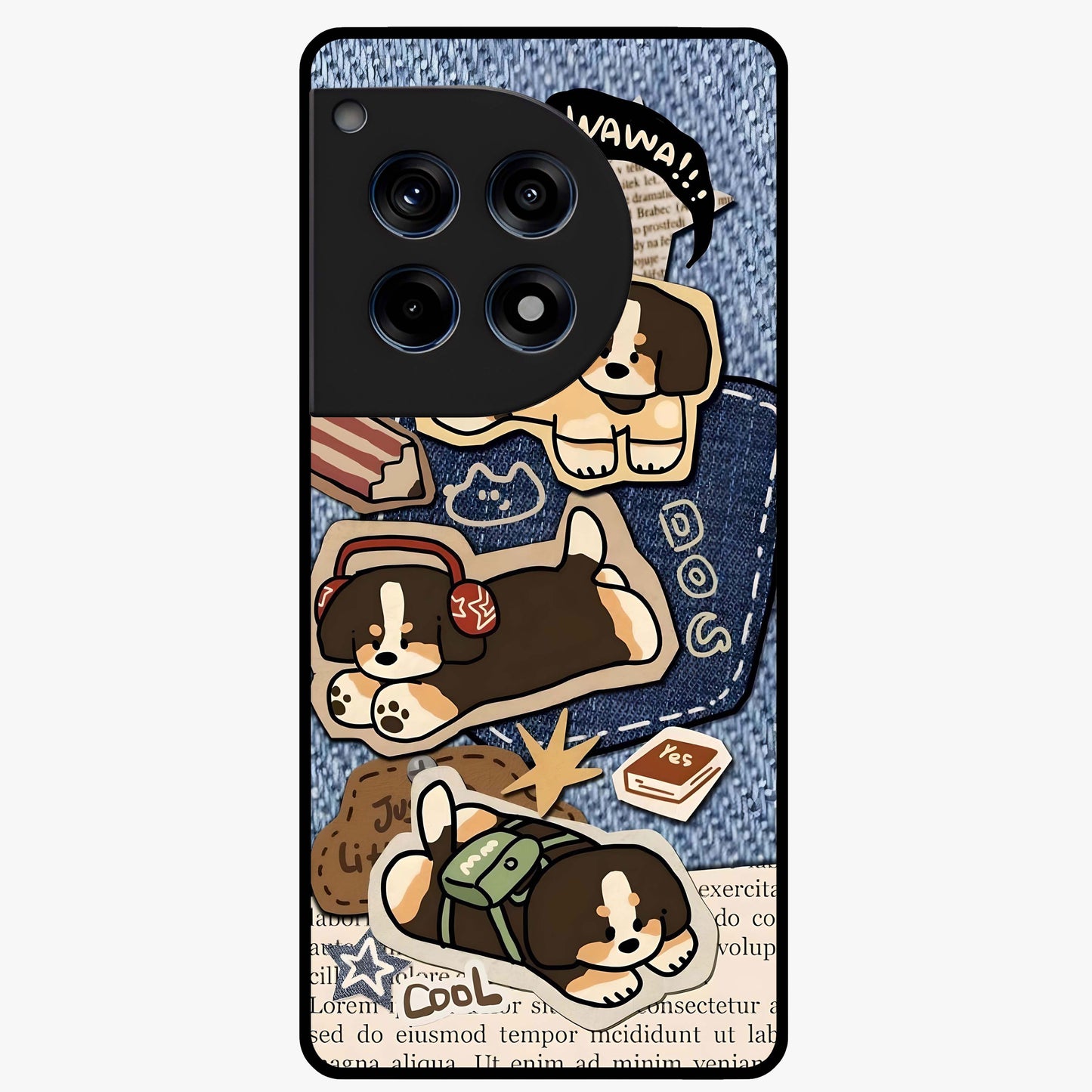 Puppy Sticker Parade Glass Case for 1+12R playful front view featuring multiple puppy sticker style artwork
