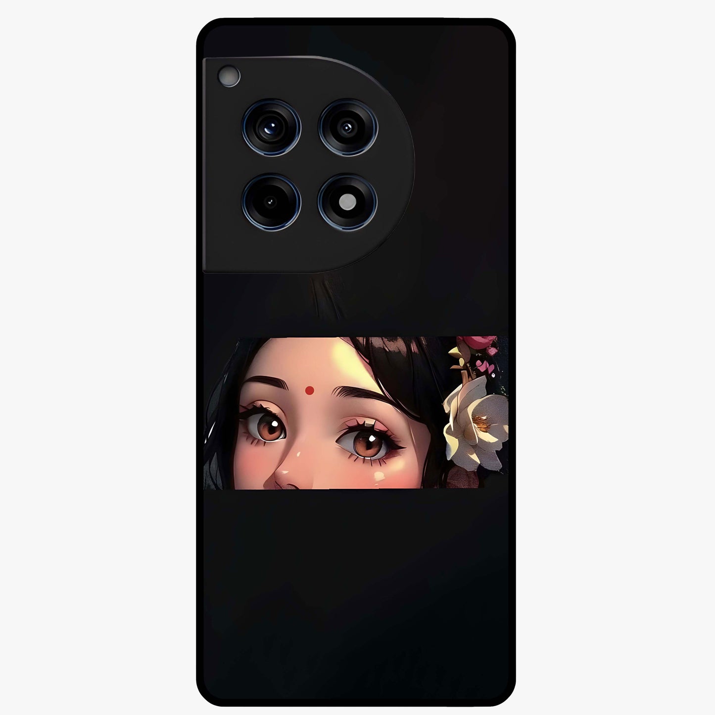 Radha Divine Embrace Glass Case for 1+12R devotional front view featuring graceful Radha inspired artwork