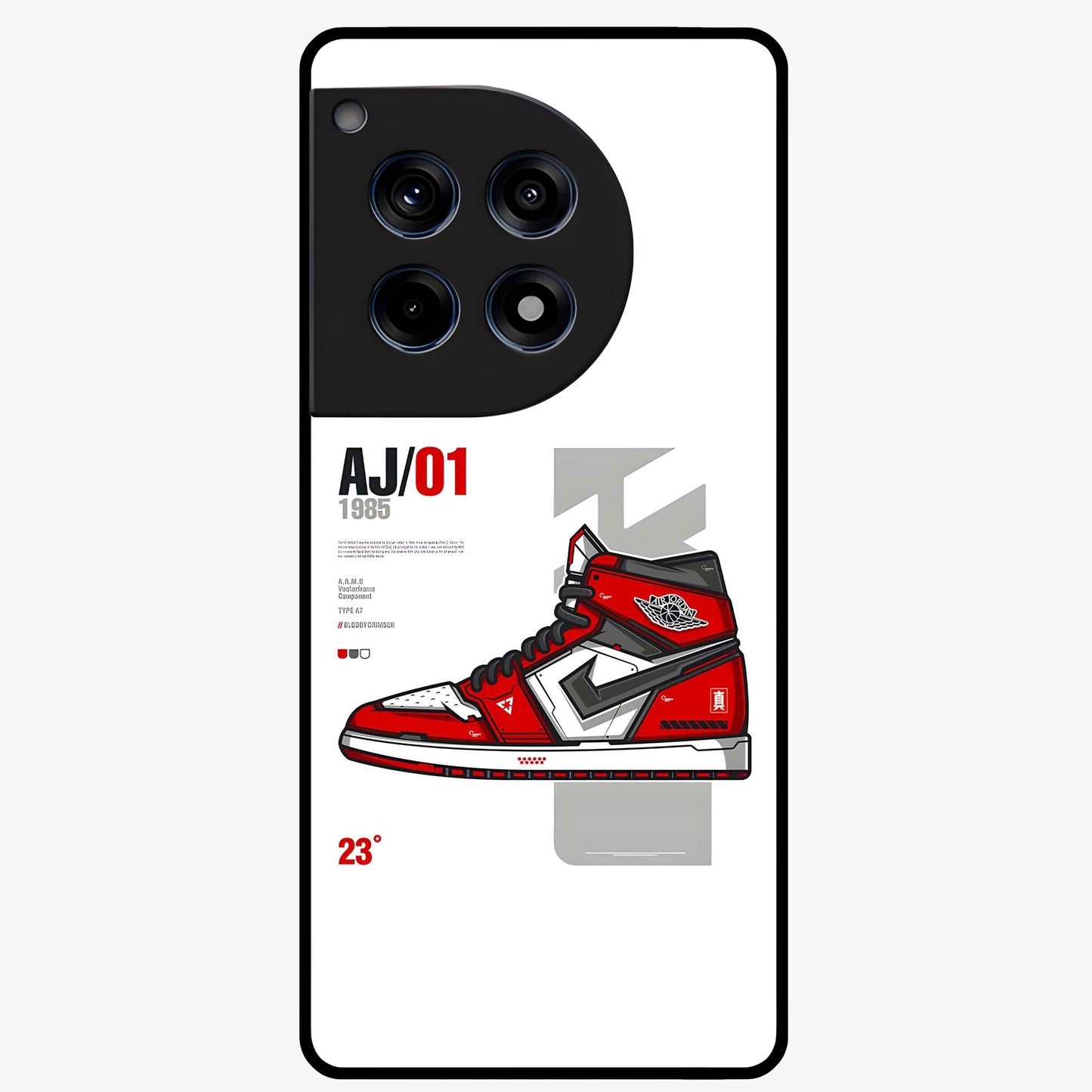 Retro Sneaker Blueprint Glass Case for 1+12R bold front view featuring sneaker blueprint style artwork