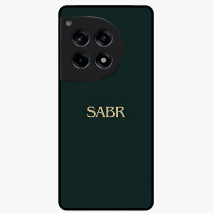 Sabr Minimal Patience Glass Case for 1+12R clean front view featuring minimalist typography artwork