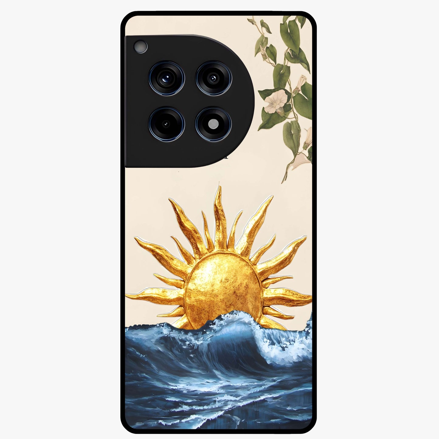 Solar Wave Bloom Glass Case for 1+12R vibrant front view featuring floral artwork blended with solar wave patterns
