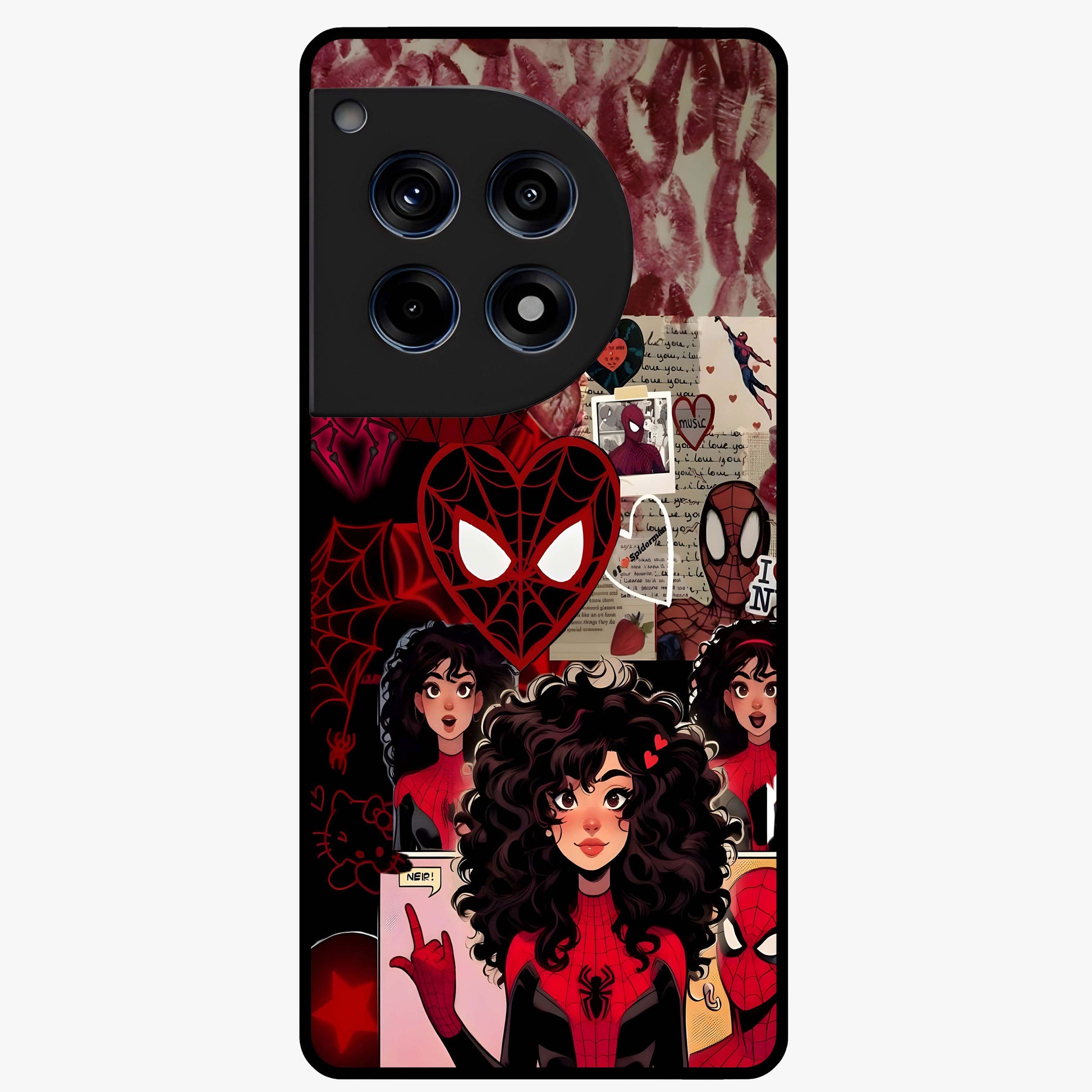 Spider Love Story Glass Case for 1+12R bold front view featuring superhero inspired romantic artwork