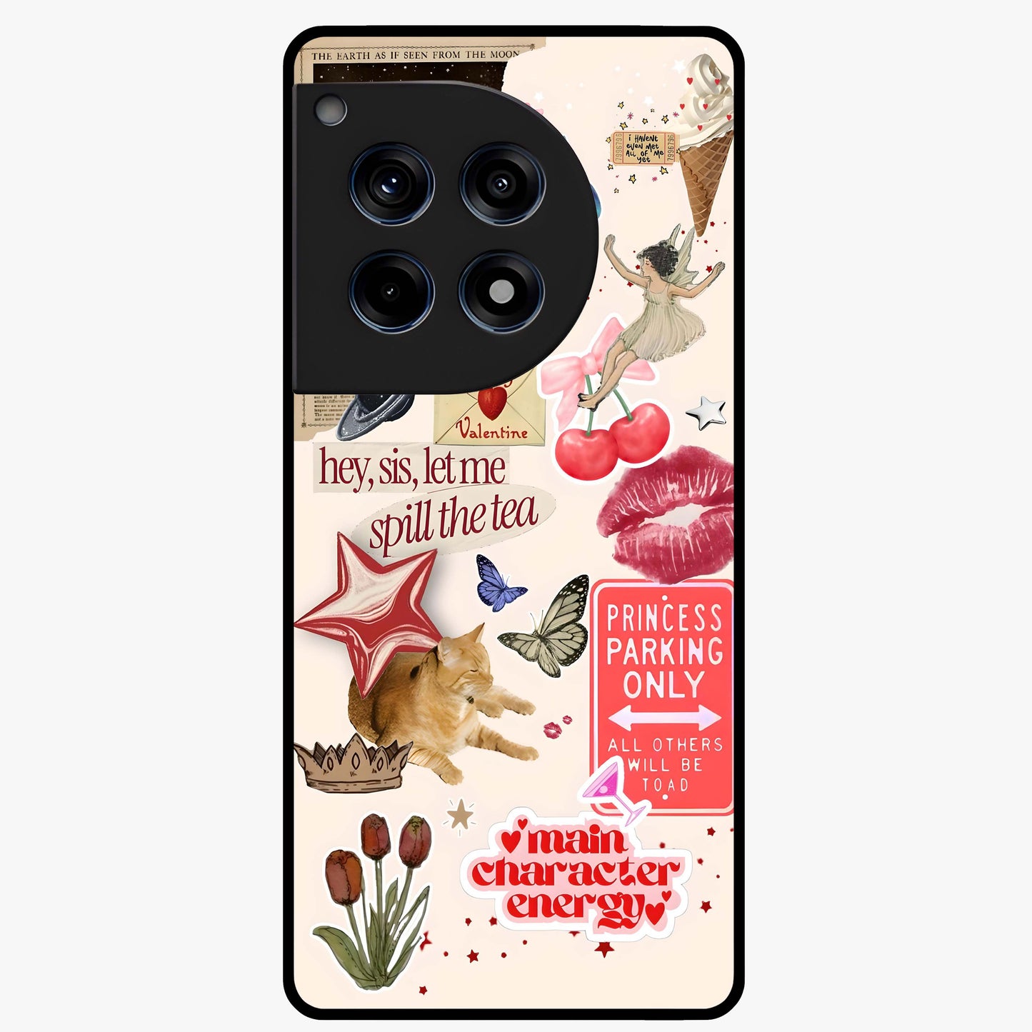 Spill the Tea Retro Collage Glass Case for 1+12R playful front view featuring vintage style collage artwork