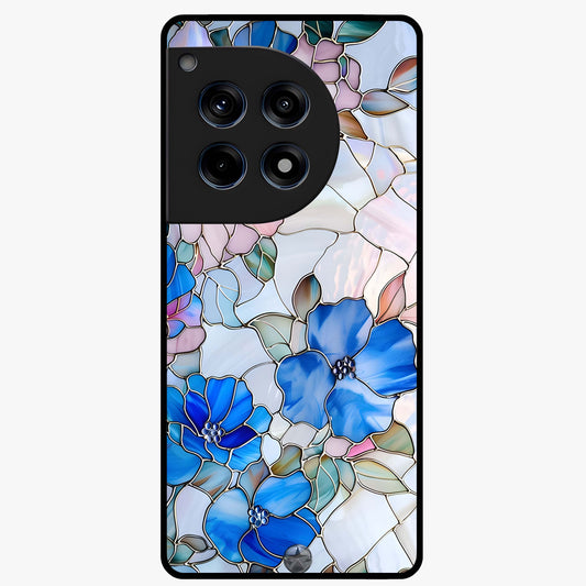 Stained Blue Floral Glass Case for 1+12R elegant front view featuring blue stained glass inspired floral artwork