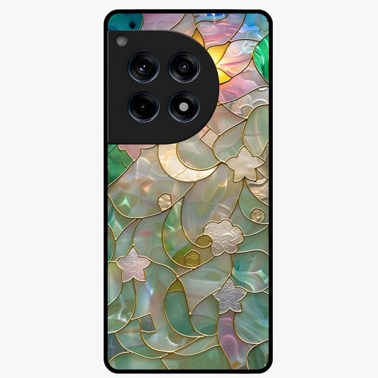 Stained Sunrise Glow Glass Case for 1+12R radiant front view featuring sunrise inspired stained glass artwork