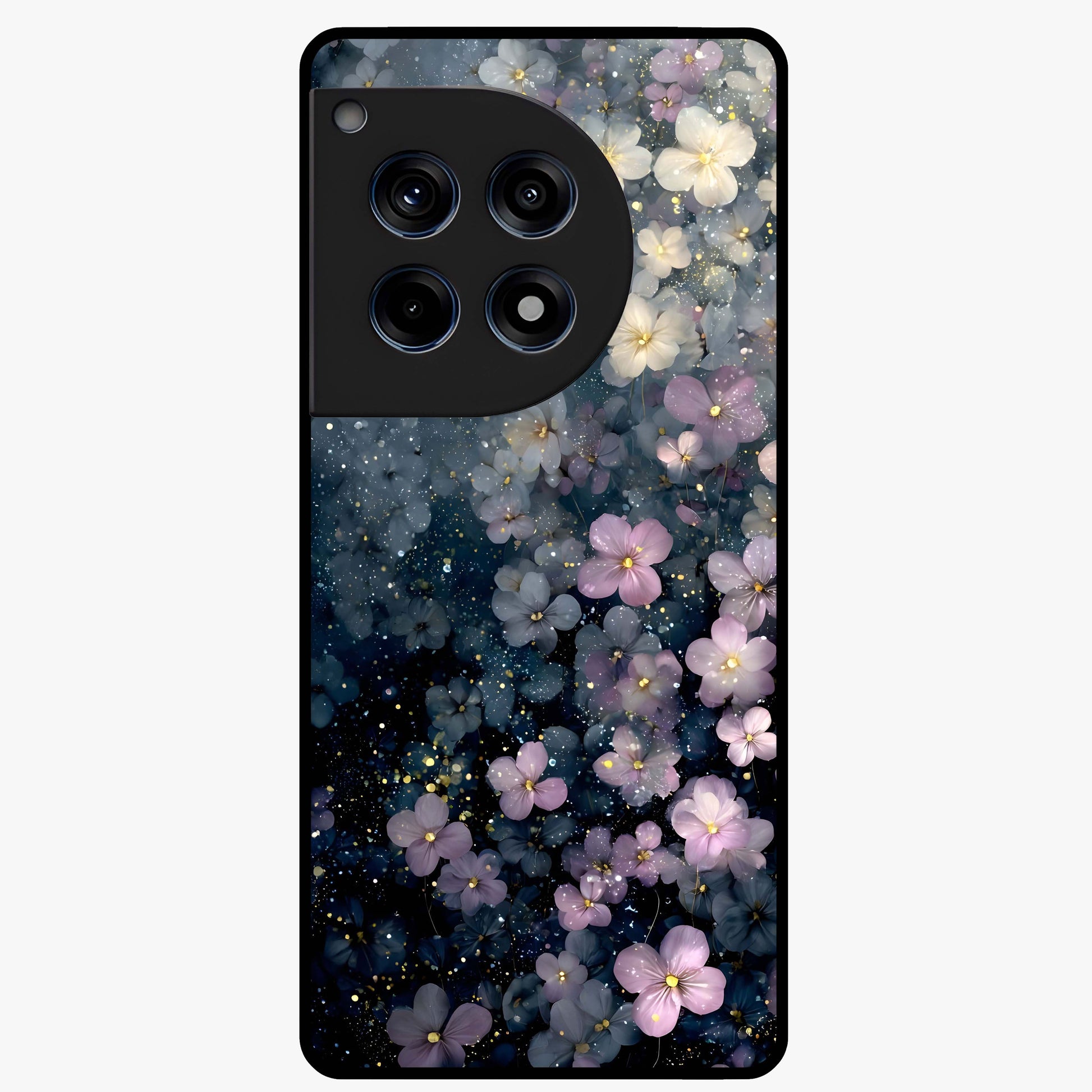 Starlit Blossom Dreams Glass Case for 1+12R dreamy front view featuring floral artwork under sparkling night sky