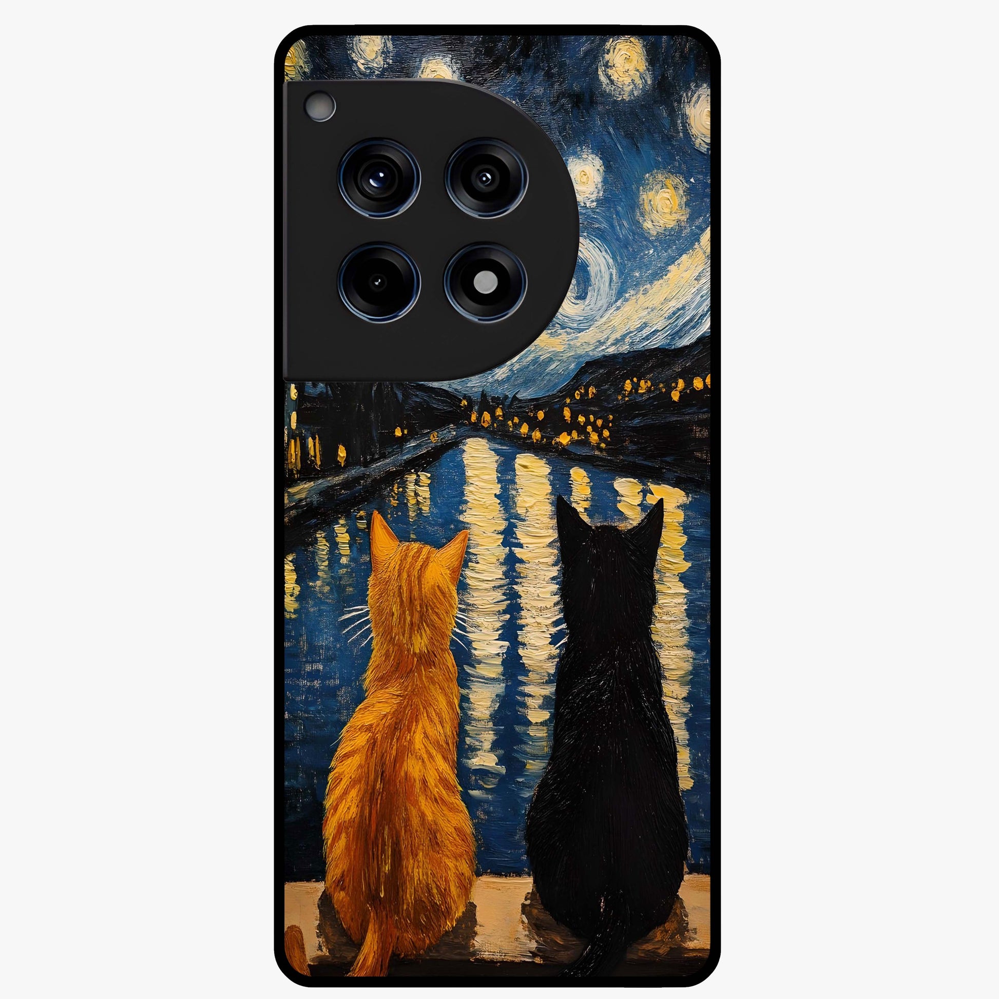 Starry River Cats Glass Case for 1+12R artistic front view featuring cats by a glowing river under starry sky