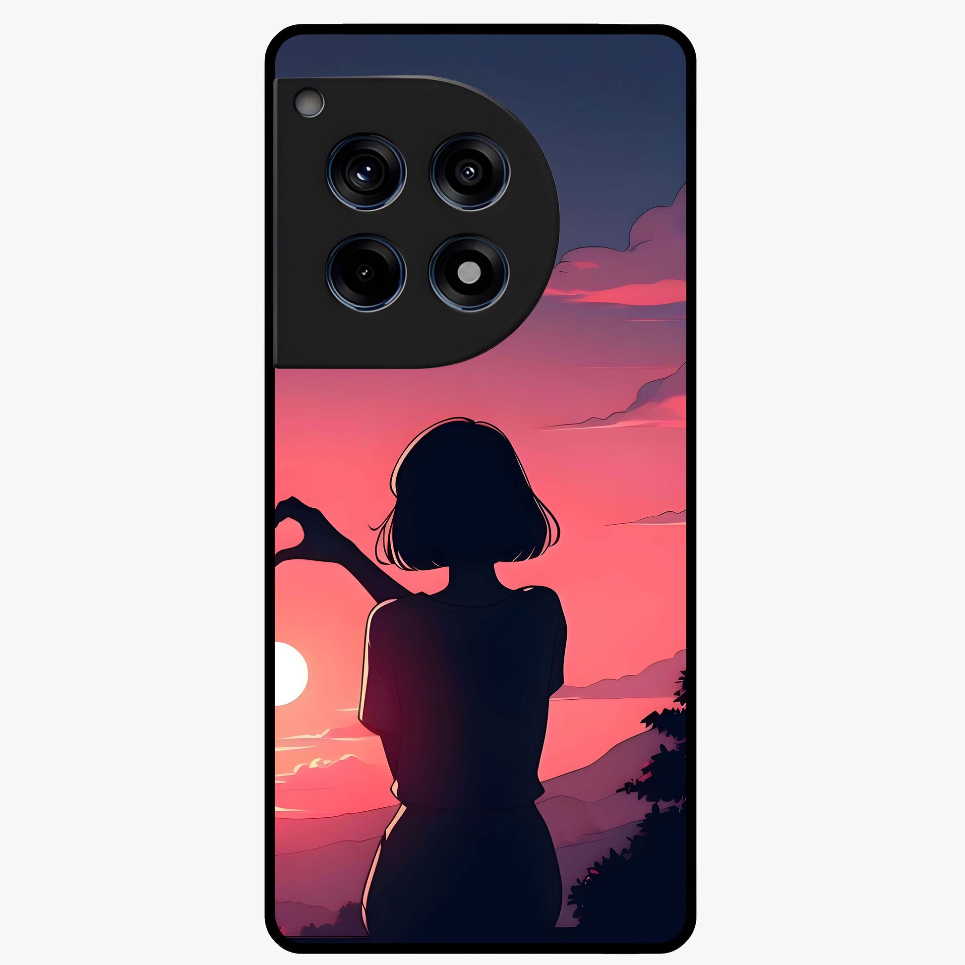 Sunset Silhouette Boy Glass Case for 1+12R artistic front view featuring boy silhouette against warm sunset backdrop