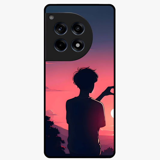 Sunset Silhouette Girl Glass Case for 1+12R aesthetic front view featuring girl silhouette under glowing sunset sky