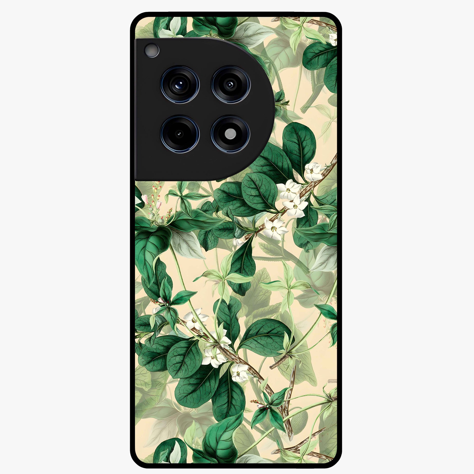 Verdant Garden Whispers Glass Case for 1+12R serene front view featuring lush green floral artwork