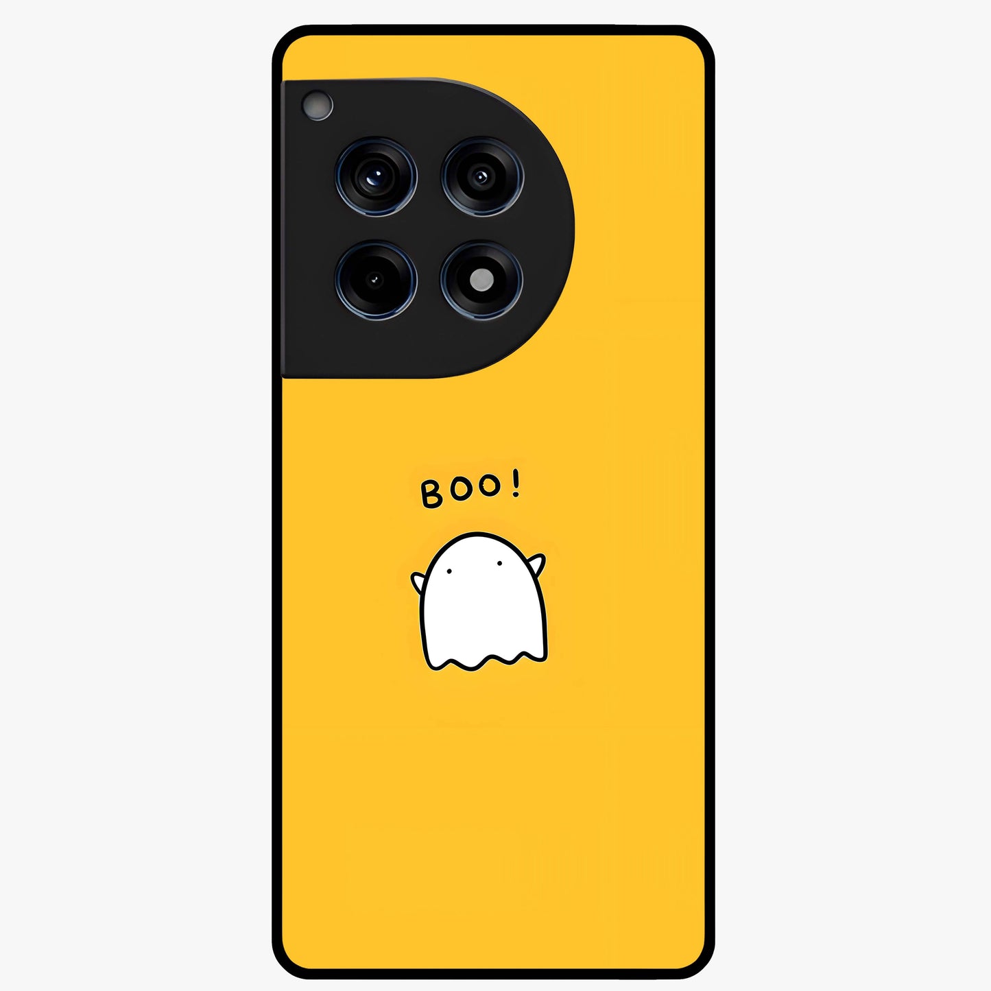 Yellow Boo Ghost Glass Case for 1+12R playful front view featuring cute ghost artwork in vibrant yellow tones